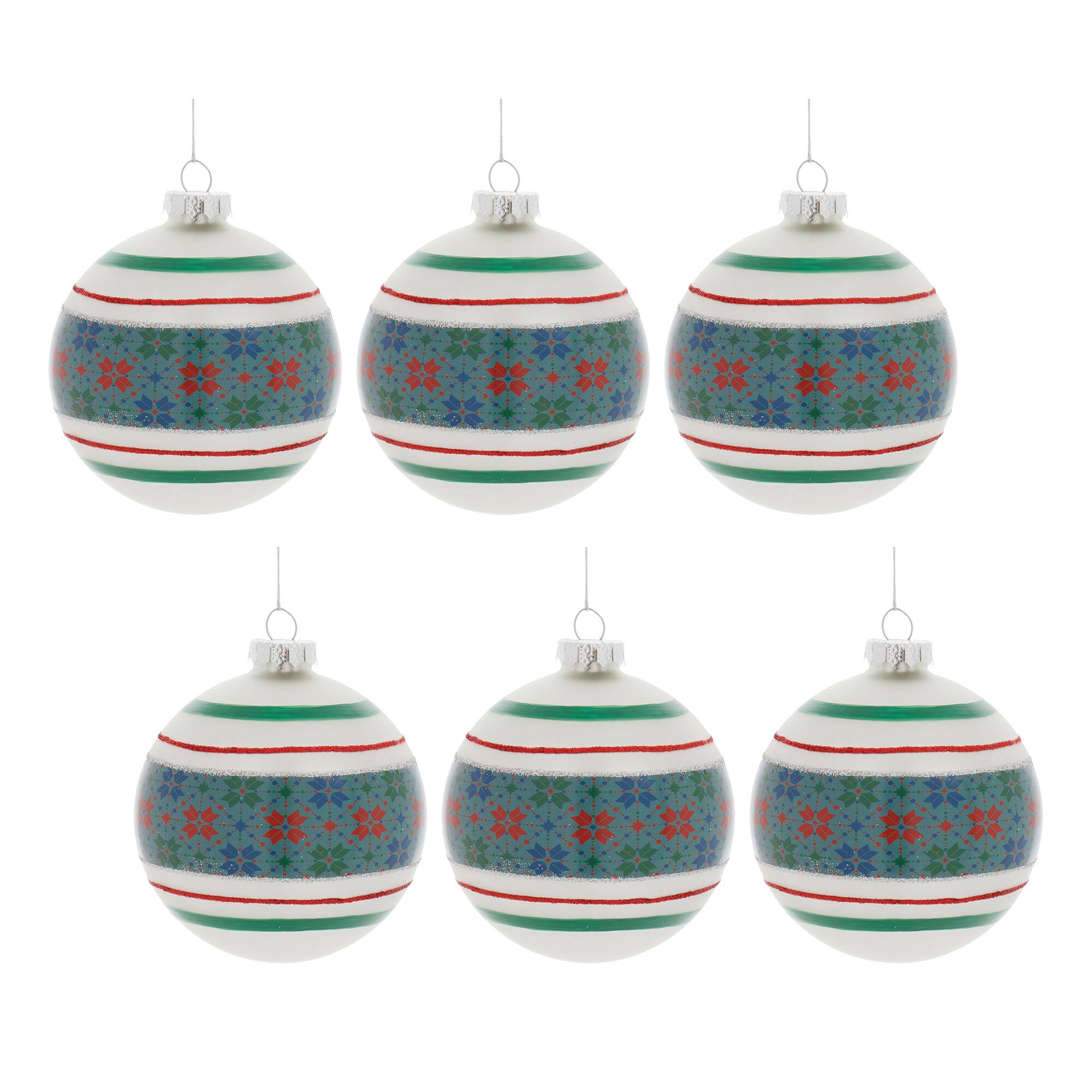 4&#x22; Stripe Patterened Glass Ball Ornaments, 6ct.
