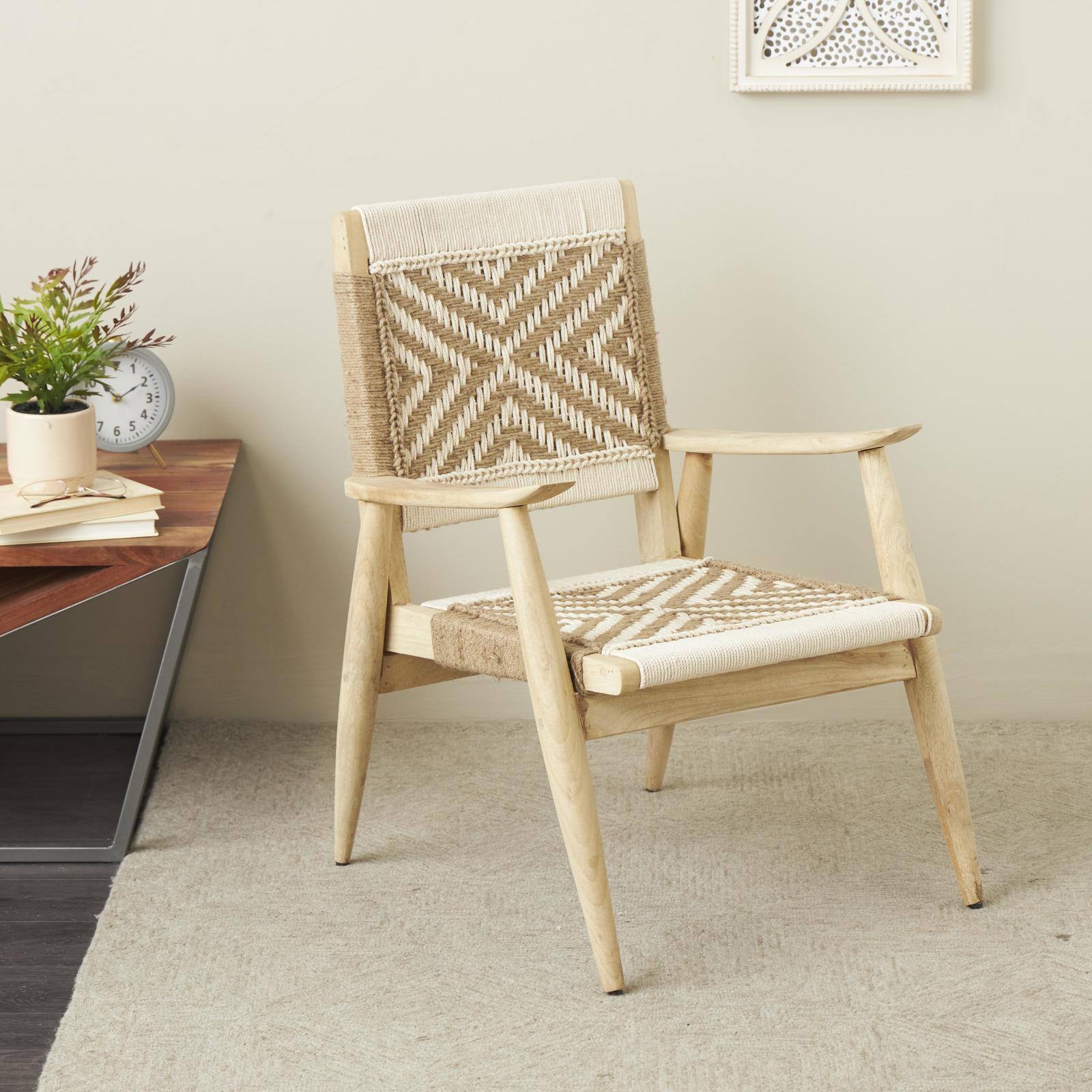 32" White Jute Rope with Brown Mango Wooden Handmade Frame Chair