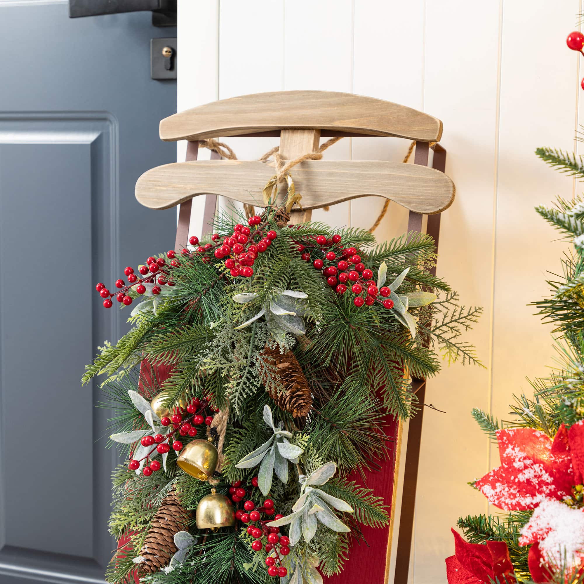 Glitzhome&#xAE; 34.25&#x22;&#xA0;Wooden Christmas Red Sleigh Porch Decor