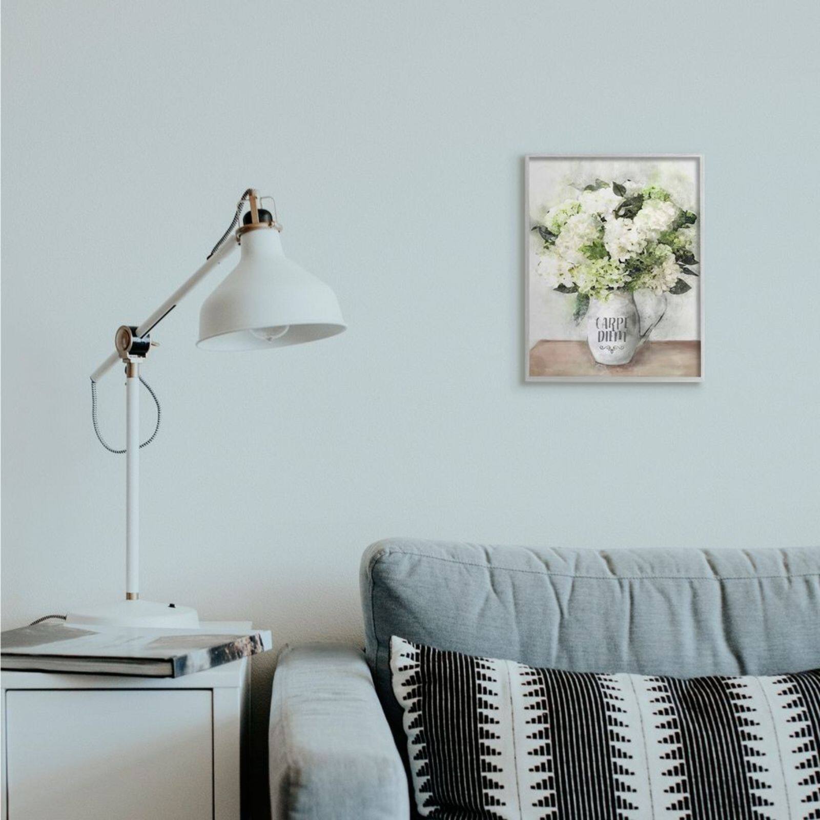 Stupell Industries Carpe Diem with White Hydrangea Bouquet Gray Framed Wall Art