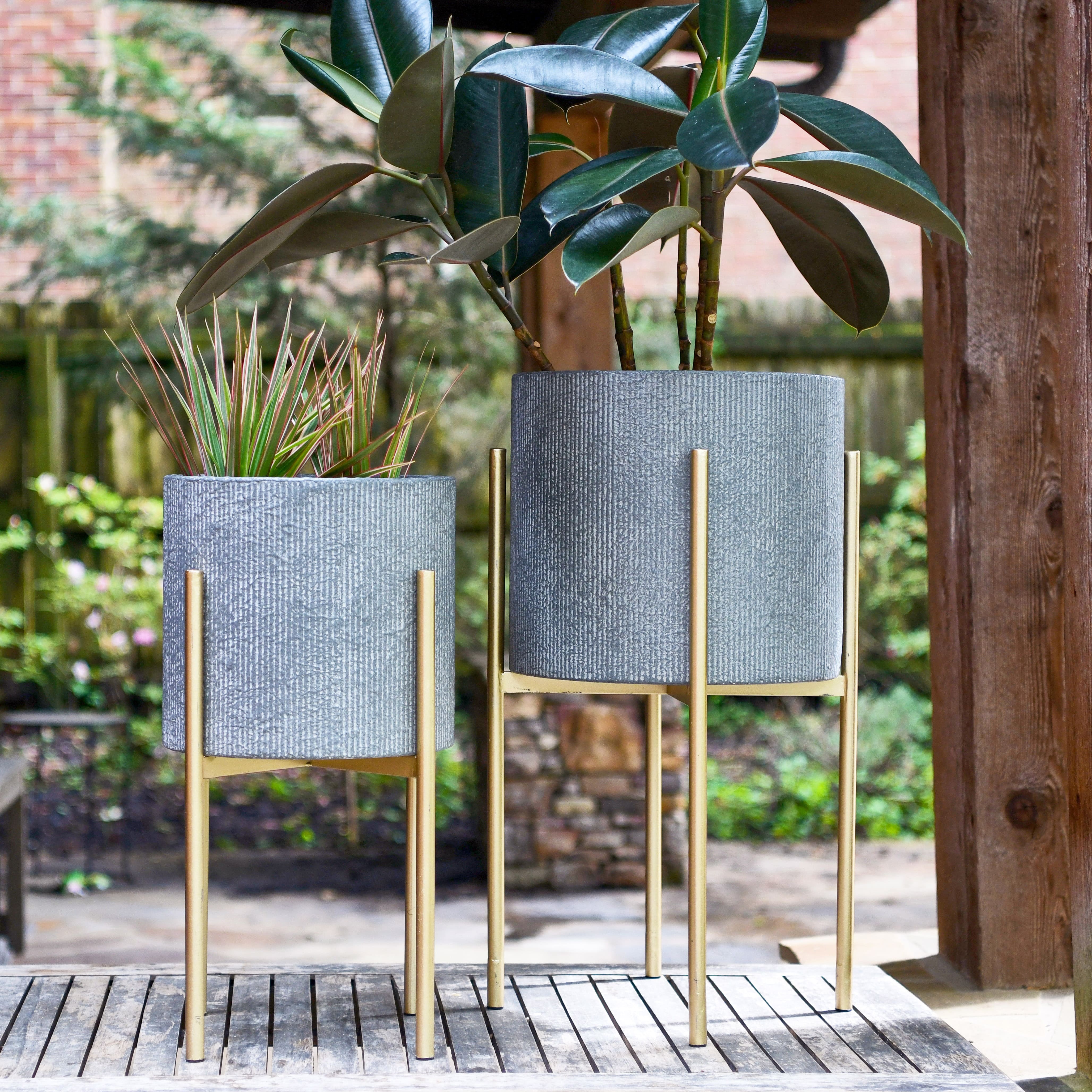Hello Honey® Charcoal Grey & Gold Boho Embossed Metal Planters with Stands Set