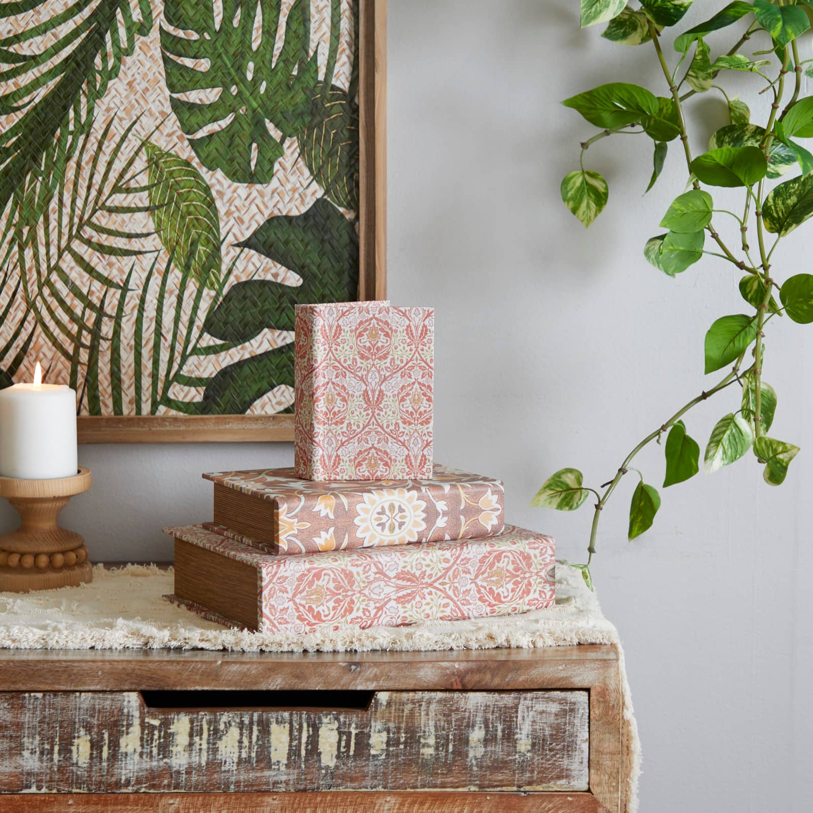 Orange Floral Faux Leather Faux Book Box Set