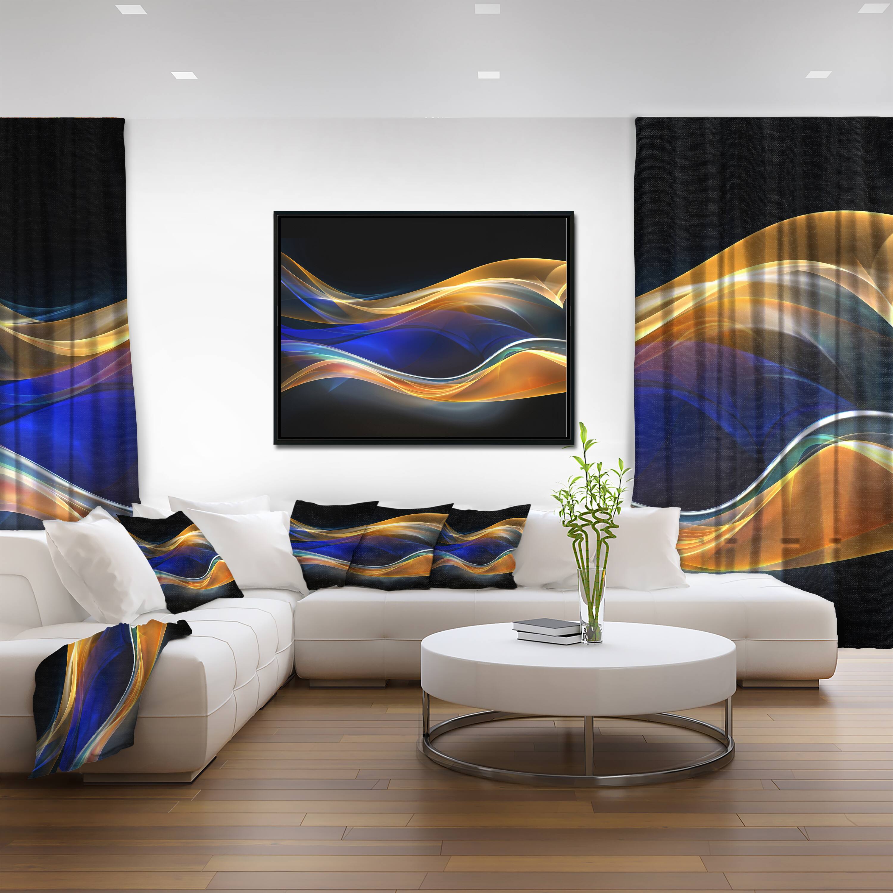 Designart - 3D Gold Blue Wave Design - Abstract Framed Canvas art print