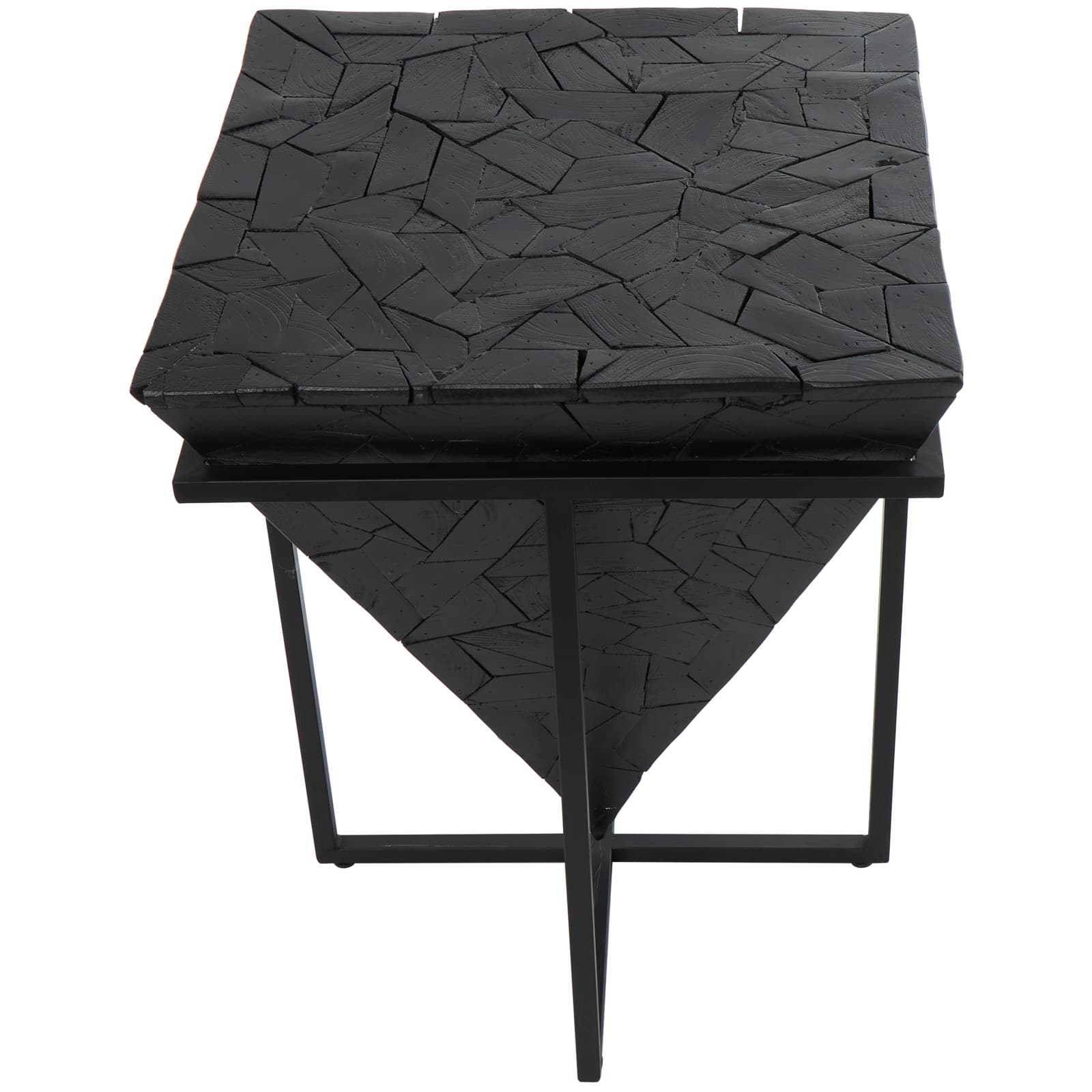 22" Black Teak Wood Geometric Handmade Inverted Pyramid Accent Table with Black Metal Base