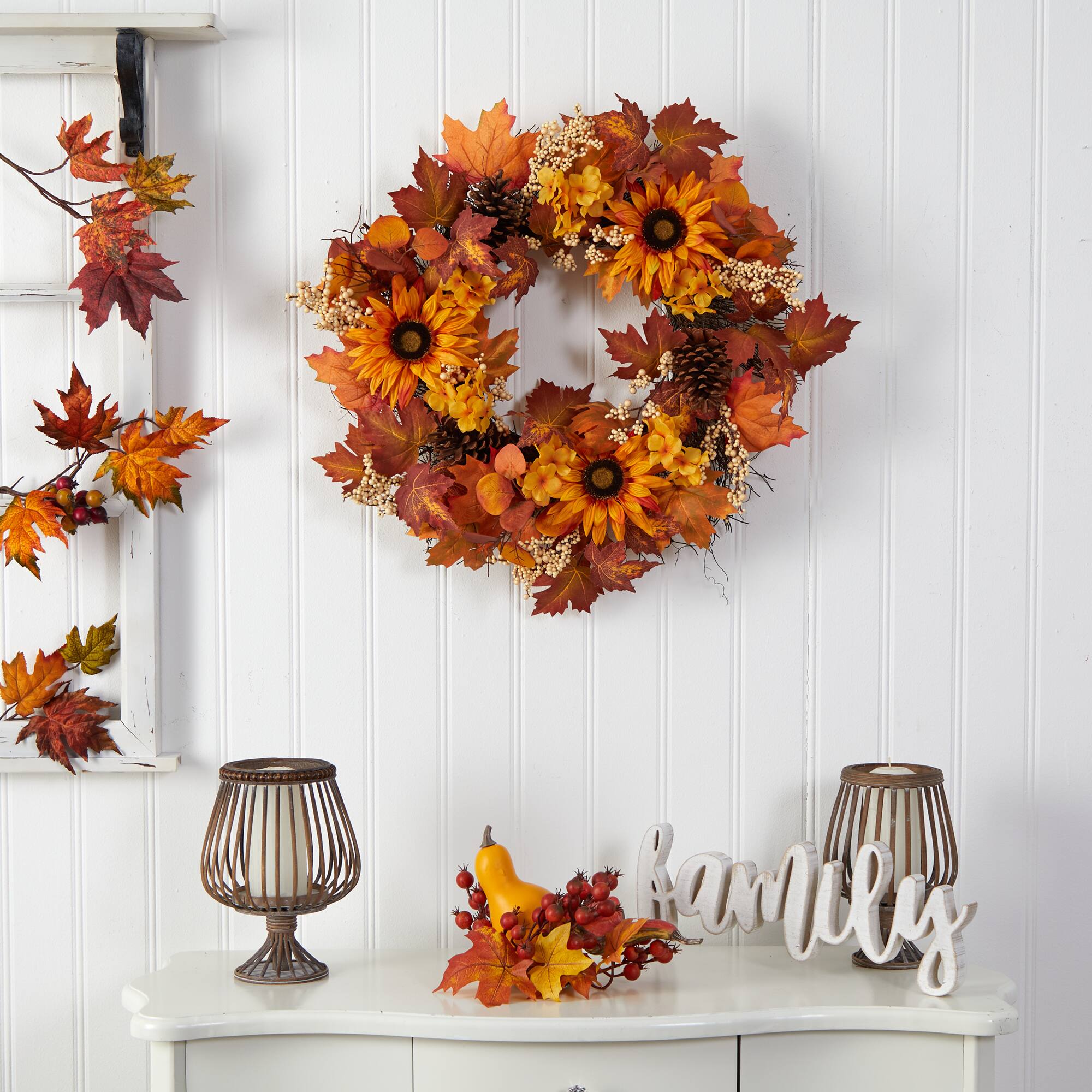 28" Autumn Maple Leaves, Sunflower, White Berries & Pinecones Wreath