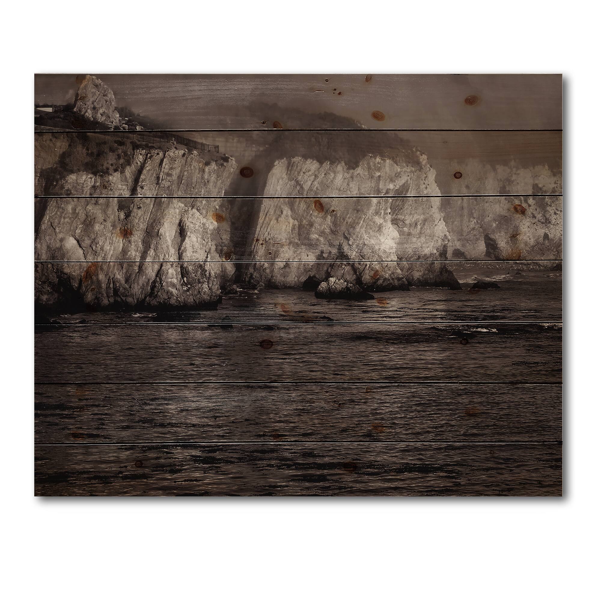 Designart - Gold Cliffs In The Fog - Modern Print on Natural Pine Wood