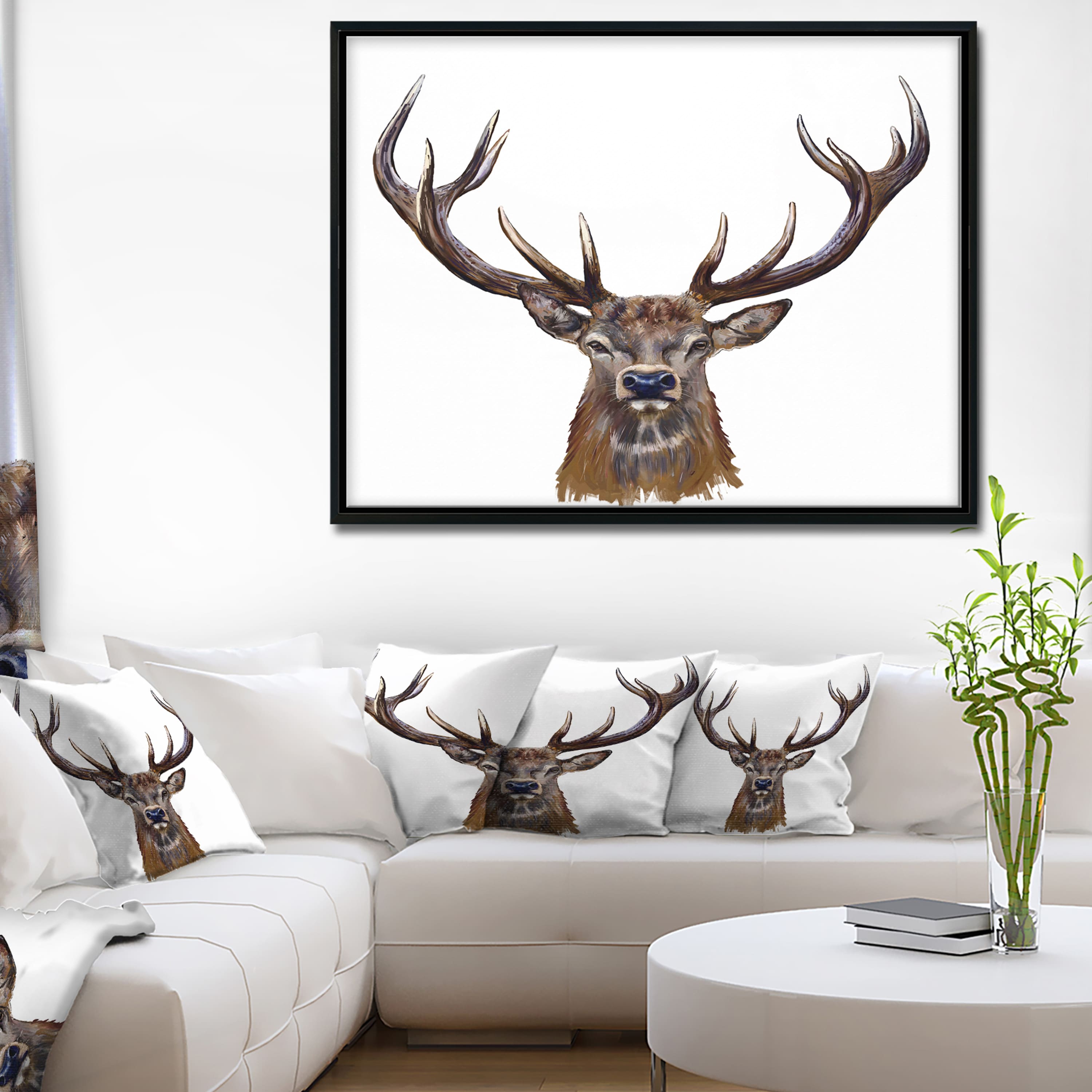 Designart - Deer Head in Front Illustration - Animal Art On Framed Canvas