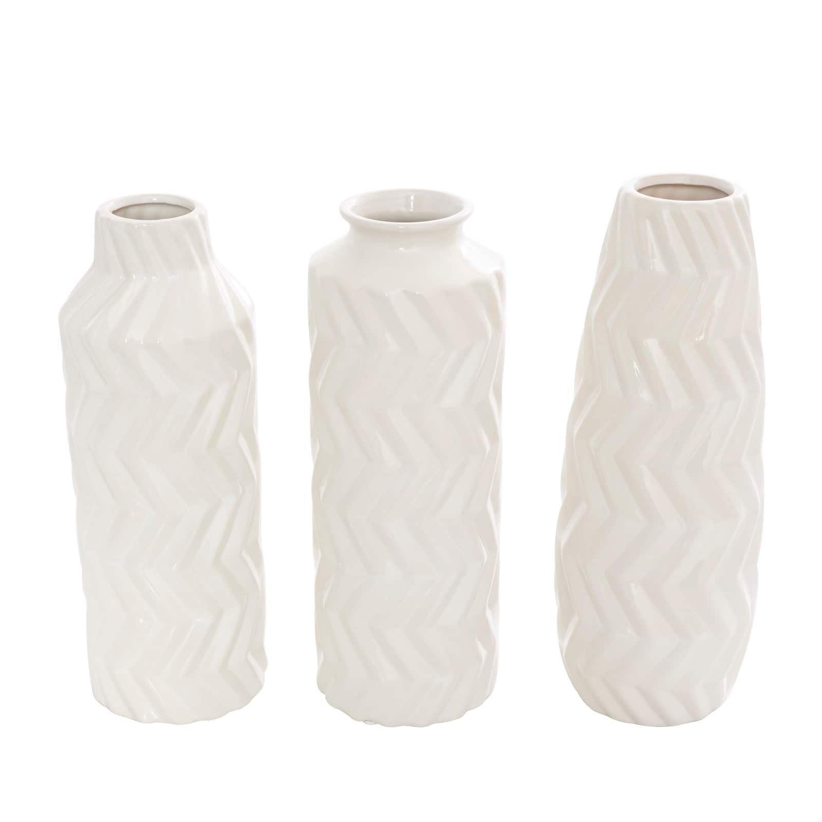White Ceramic Dimensional Chevron Textured Vase with Varying Shapes Set