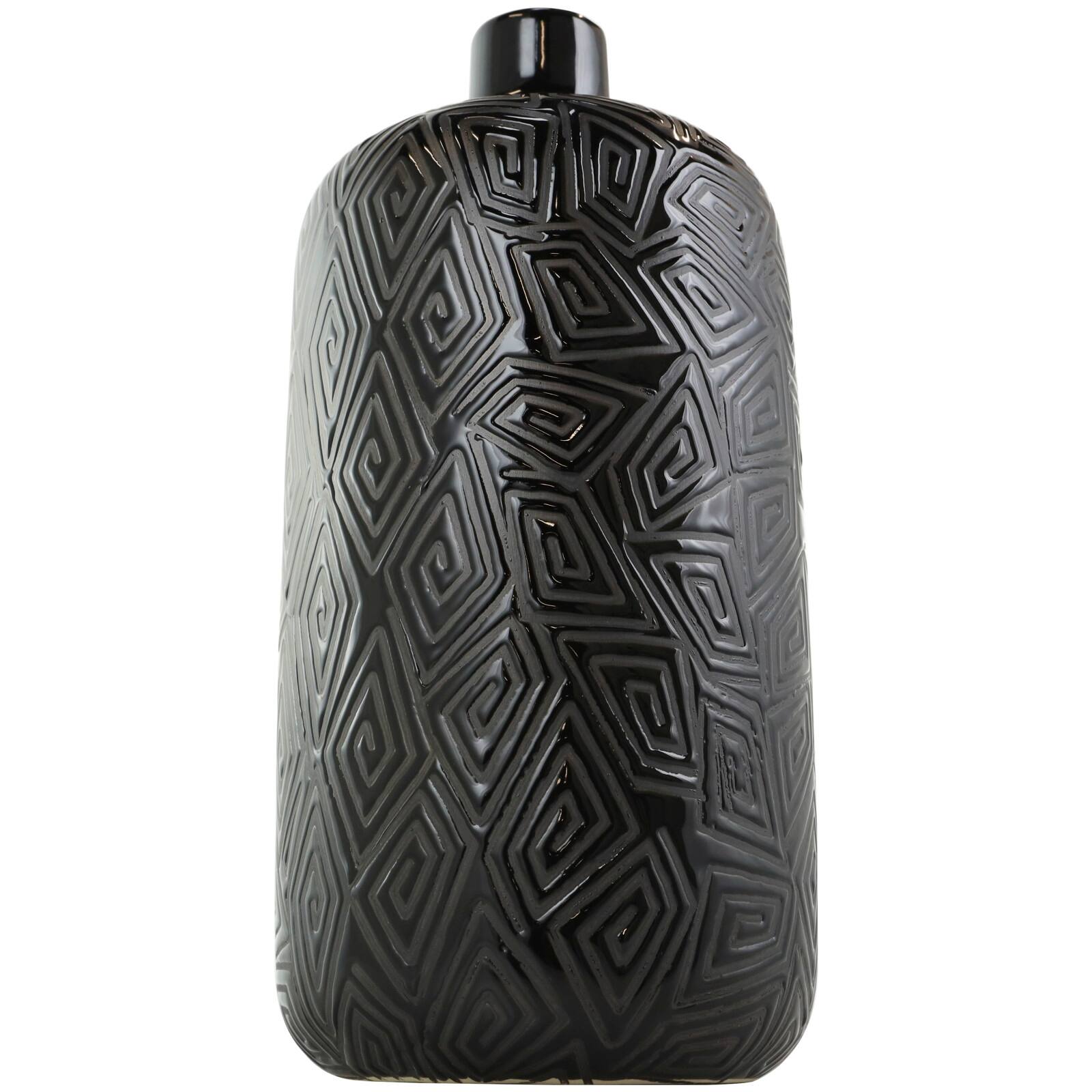 15" Black Geometric Etched Ceramic Vase