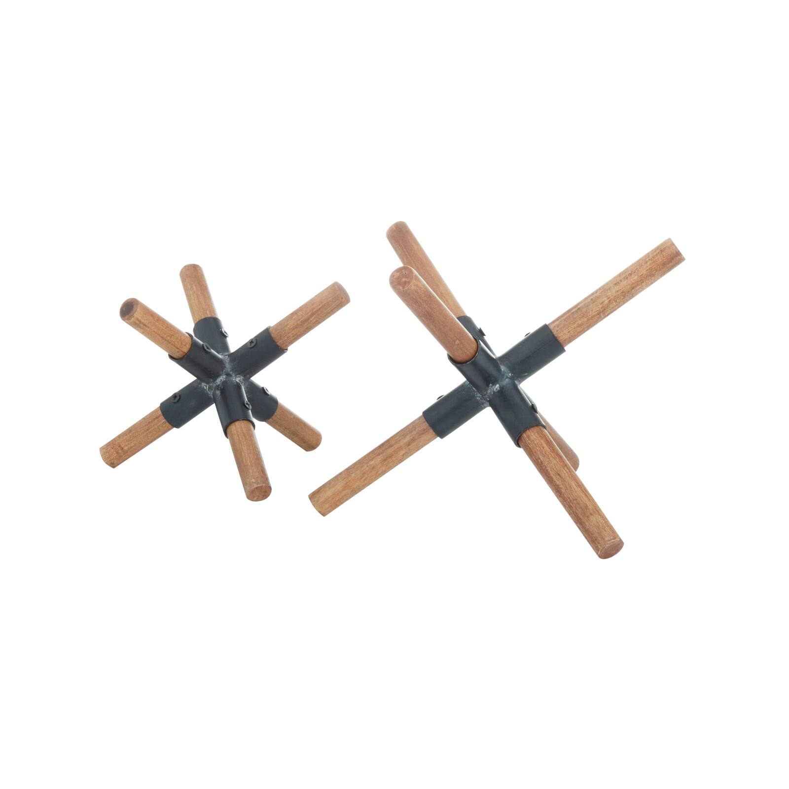 Set of 2 Brown Wood Industrial Sculptures, 6&#x22; x 6&#x22; x 5&#x22;