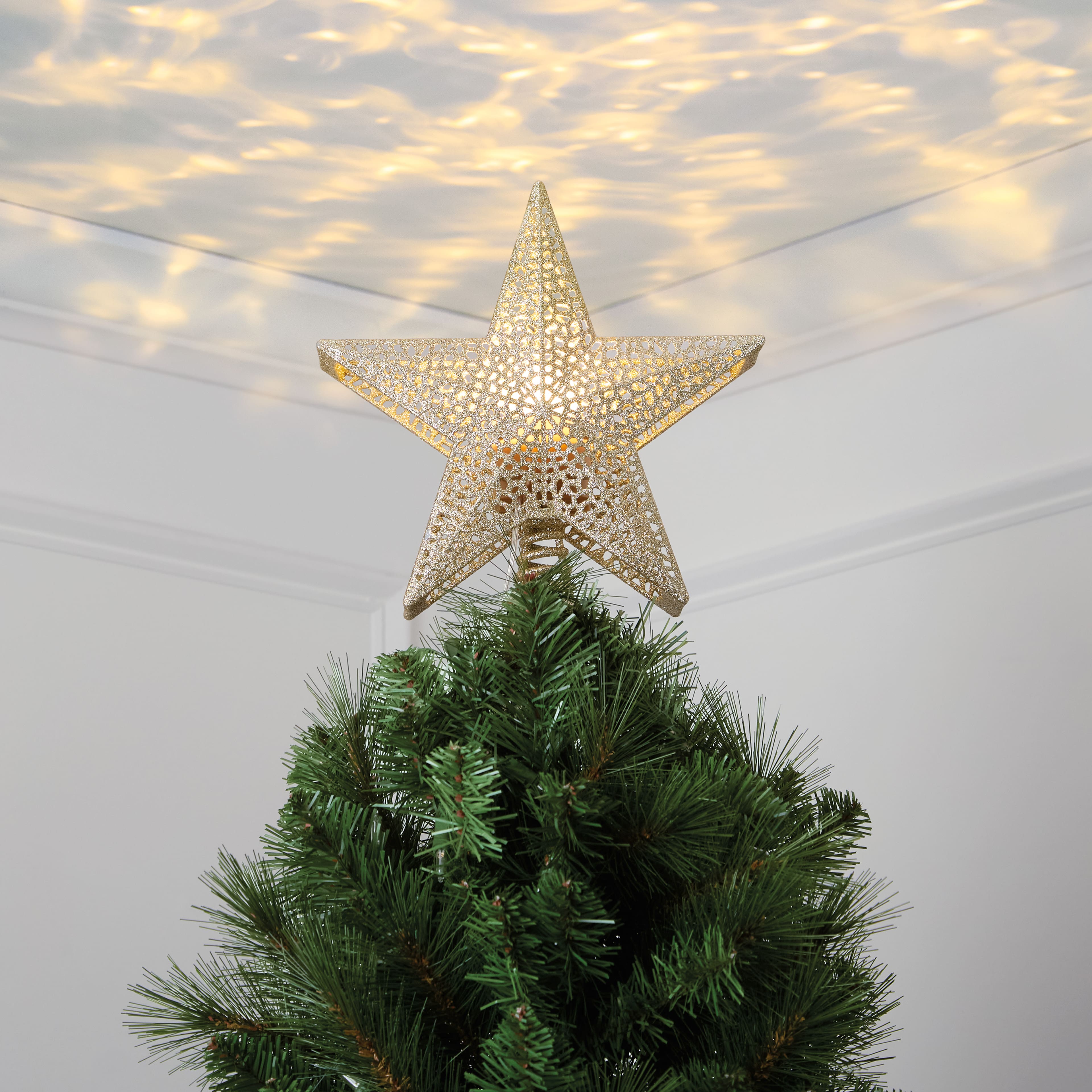 9.5&#x22; Gold Glitter Star Lighted Projection Tree Topper by Ashland&#xAE;