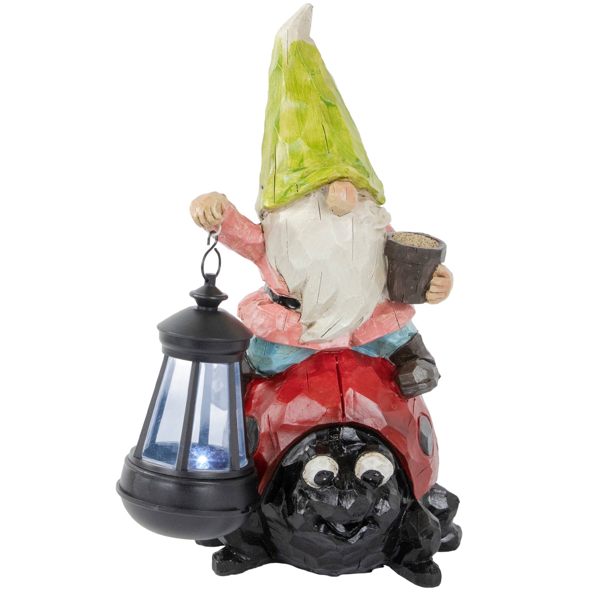 12.25&#x22; Solar LED-Lit Gnome &#x26; Ladybug Outdoor Garden Statue