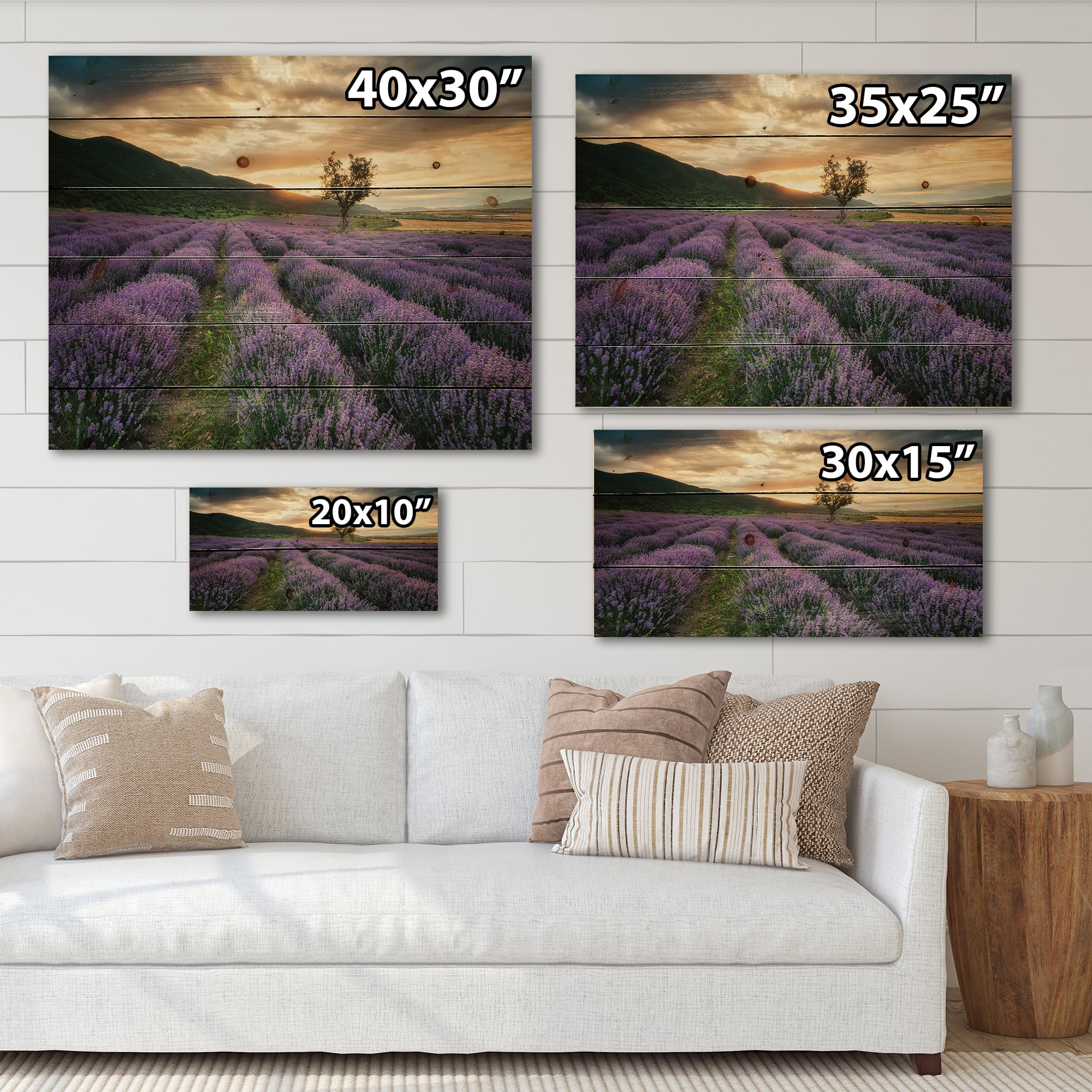 Designart - Sunrise &#x26; Dramatic Clouds Over Lavender Field VII - Farmhouse Print on Natural Pine Wood