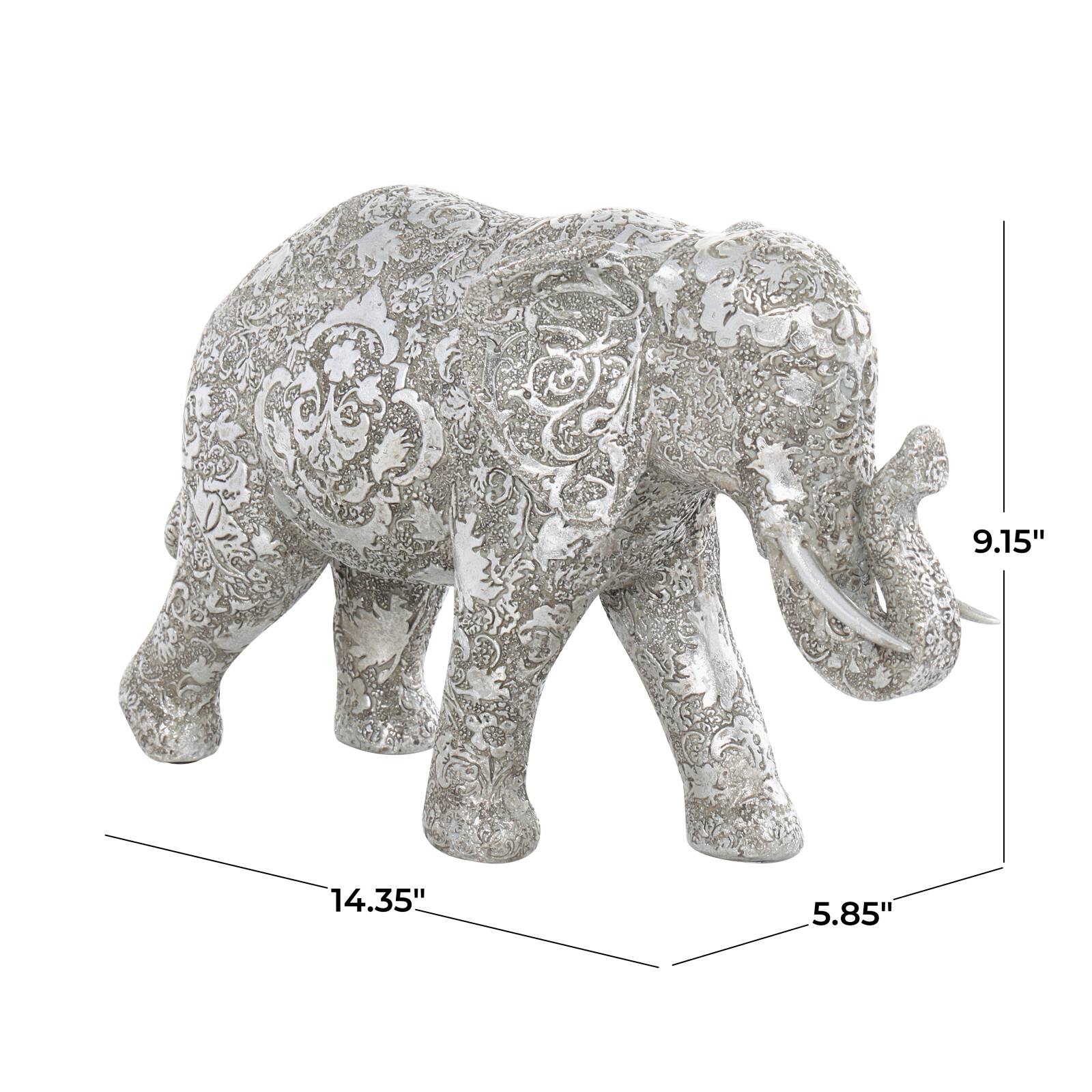 14" Silver Polystone Elephant Floral Engraved Sculpture