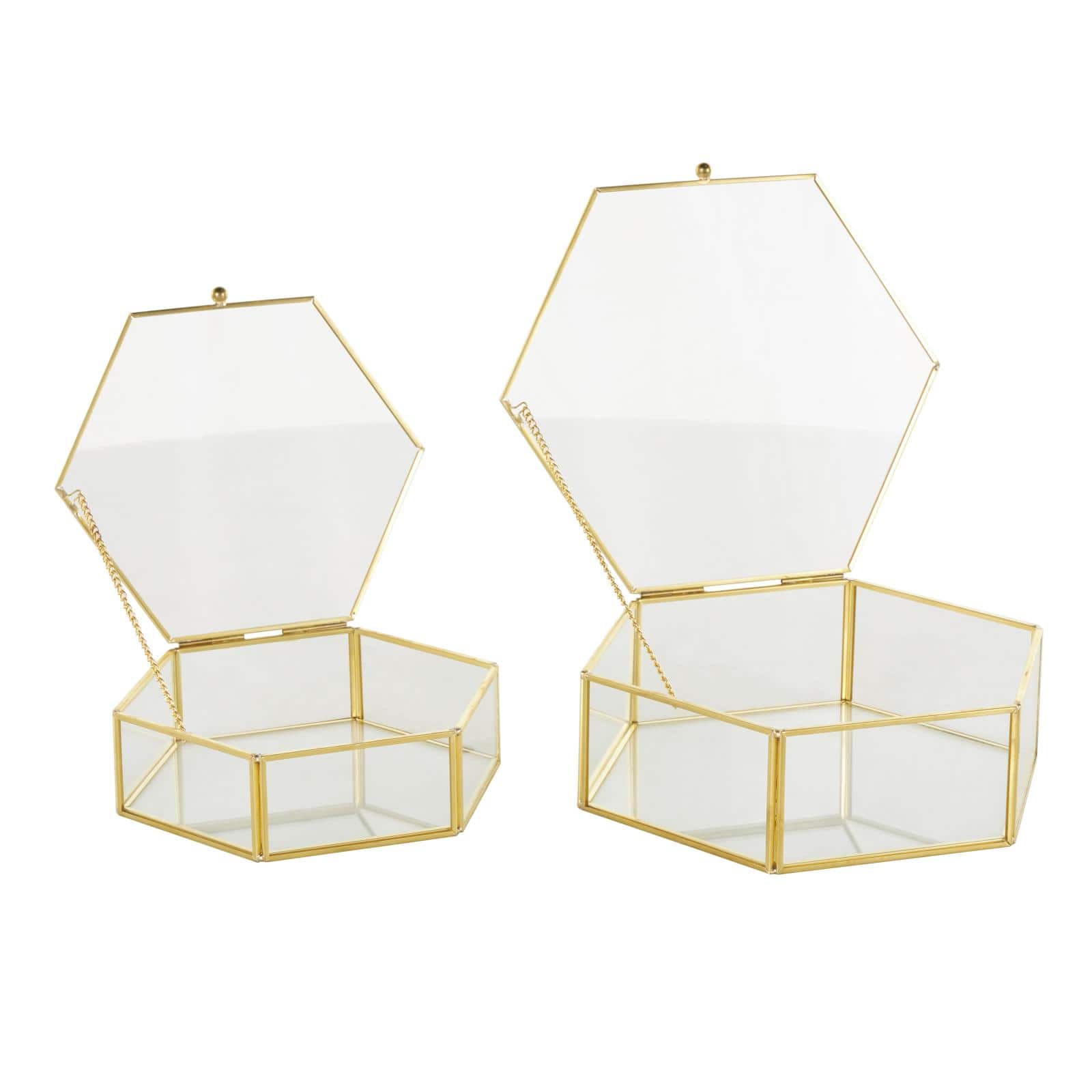 Clear & Gold Glass & Metal Hexagon Jewelry Box with Chain Accent Set