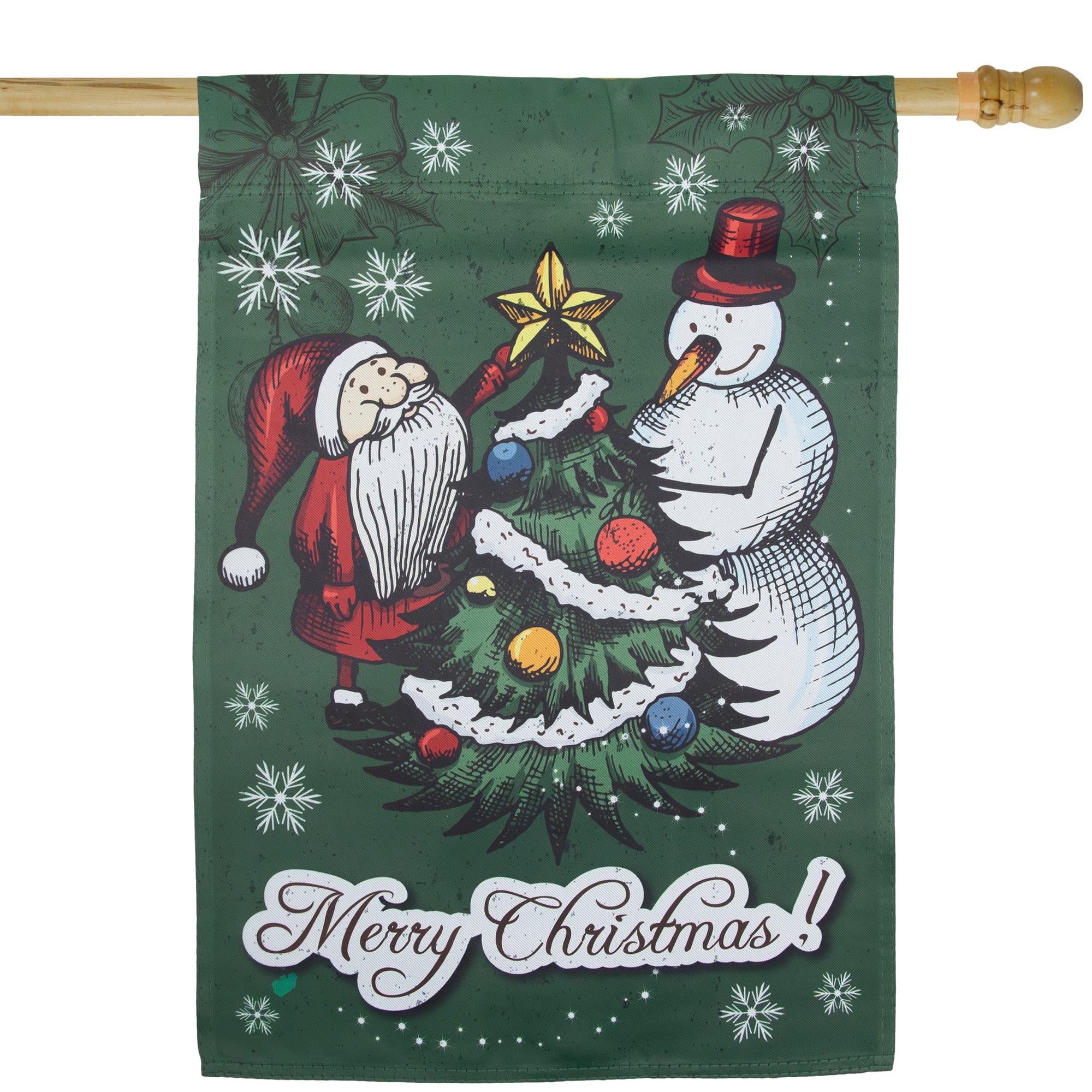 Merry Christmas Santa and Snowman Outside House Flag 28" x 40"