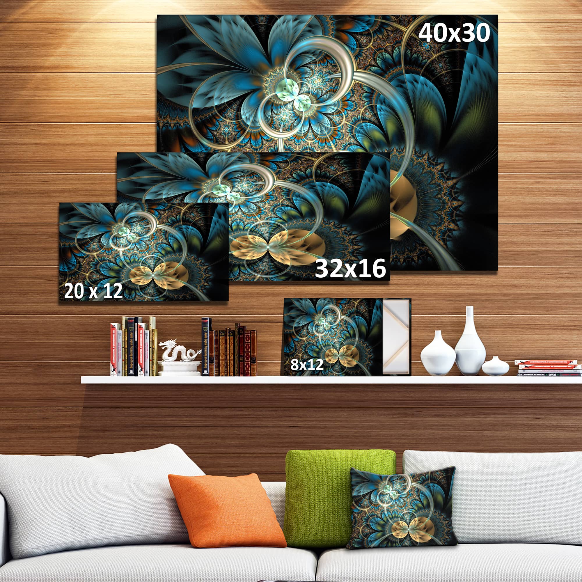 Designart - Symmetrical Blue Gold Fractal Flower - Abstract Print On Canvas