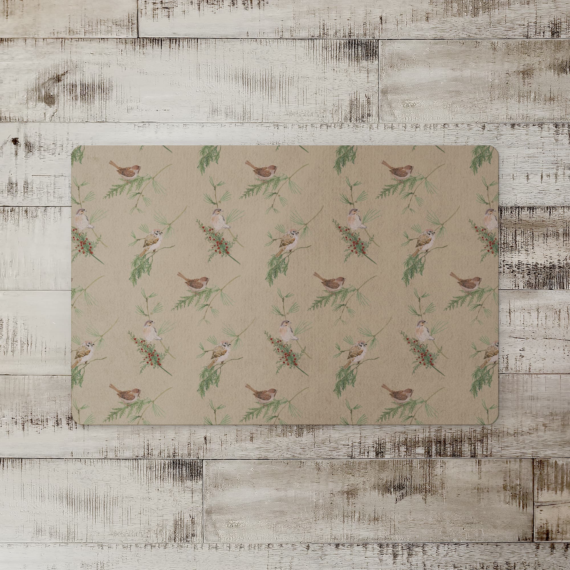 Pine &#x26; Birds on Brown Floor Mat