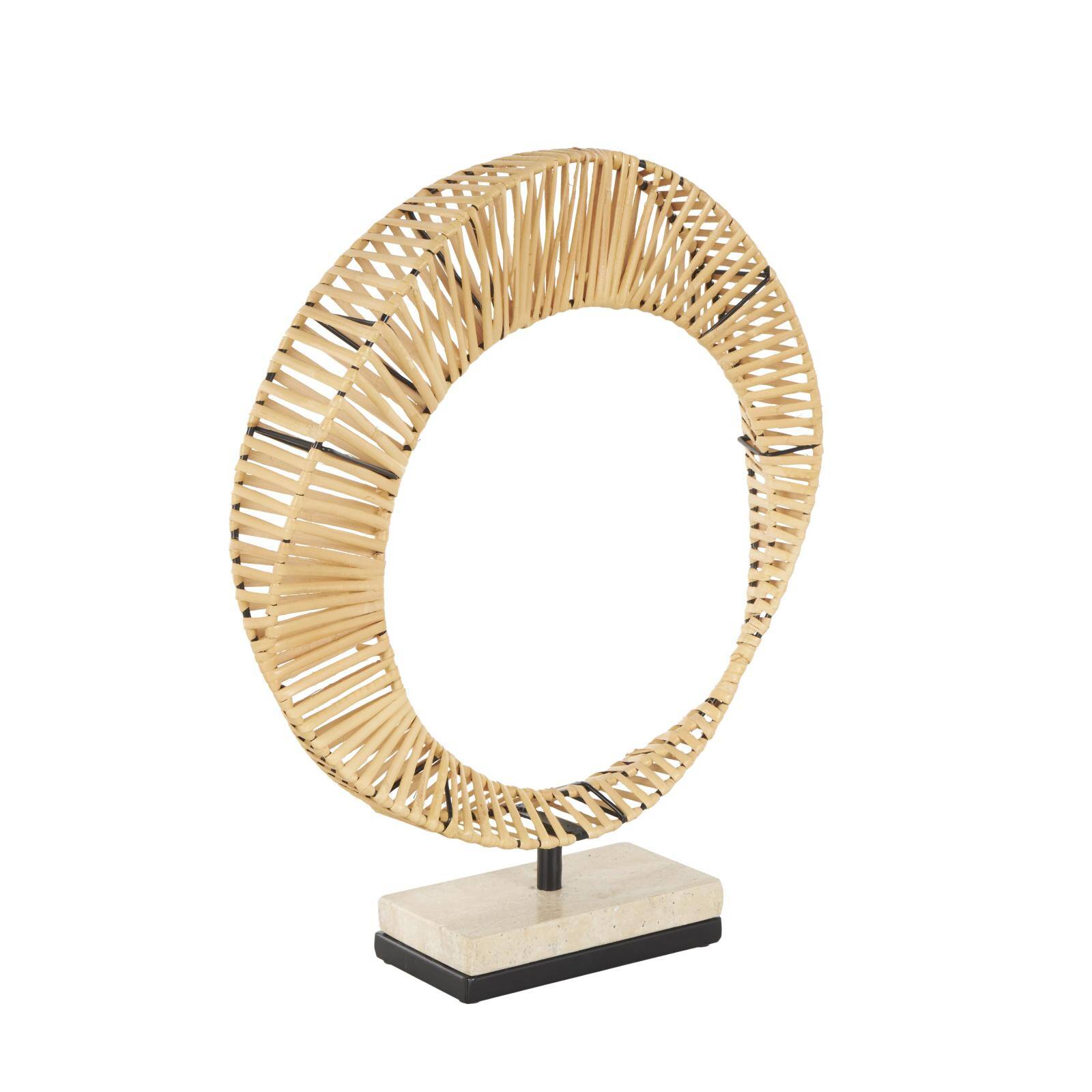 15.5" Brown Rattan Abstract Handmade Mobius Strip Inspired Sculpture with White Marble Base