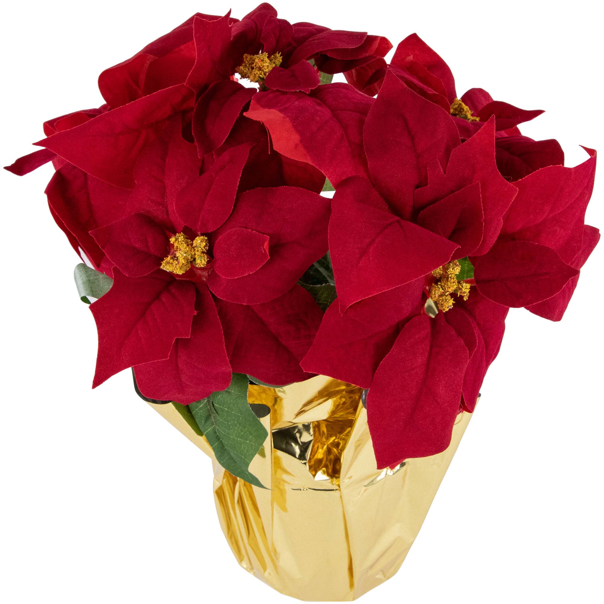 16" Red & Gold Artificial Christmas Poinsettia Arrangement in Wrapped Pot