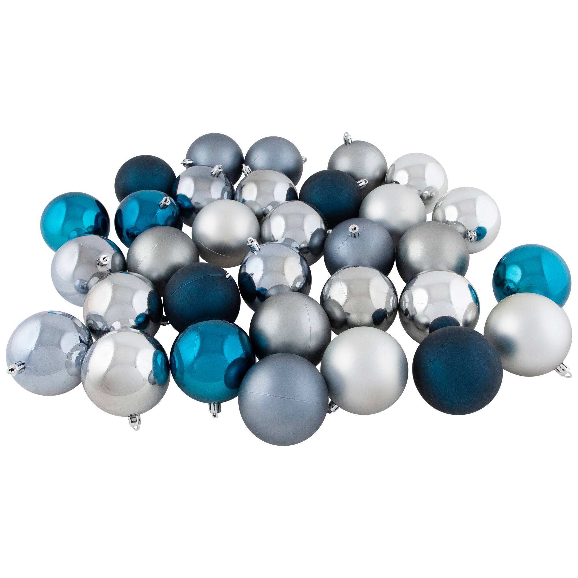 Shatterproof 2-Finish Christmas Ball Ornaments - 3.25" (80mm) - Blue and Silver - 32ct
