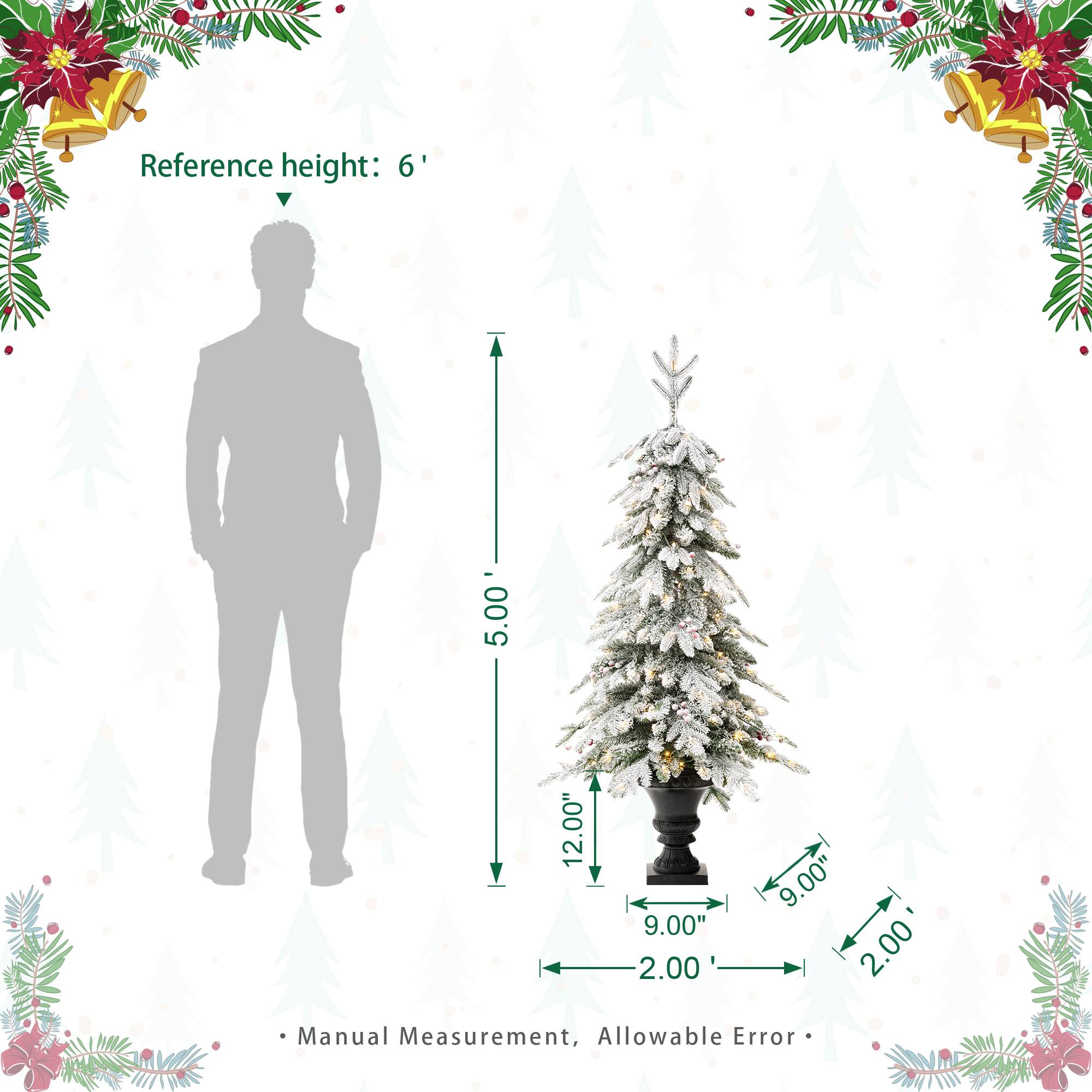 5ft. Pre-Lit Flocked Berry Fir Artificial Christmas Porch Tree in Urn, Warm White Lights