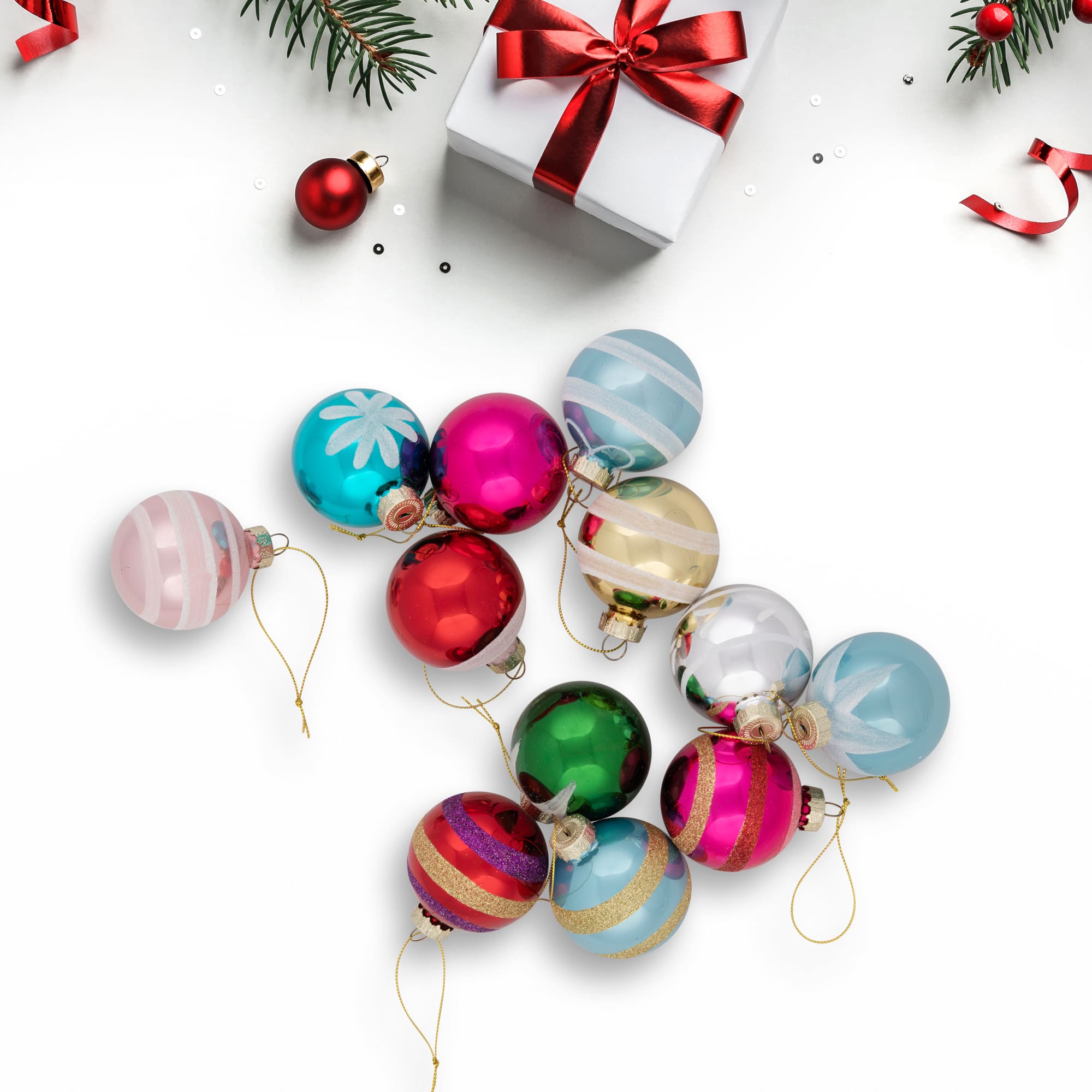 12ct. 2.5&#x22; Frosted &#x26; Glittered Multicolor Glass Ball Ornaments
