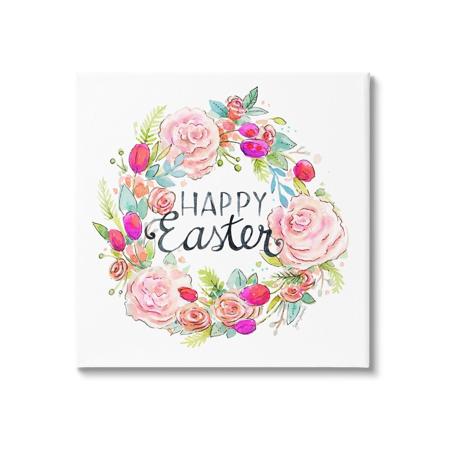 Stupell Industries Happy Easter Vivid Pink Floral Blossom Border Canvas Wall Art
