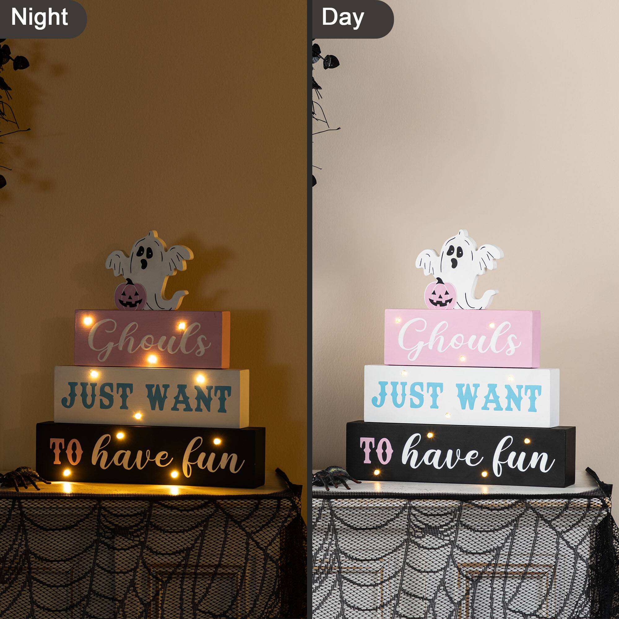 Glitzhome® 11.75"H Halloween Lighted Pink Wooden Ghost Block Word Sign