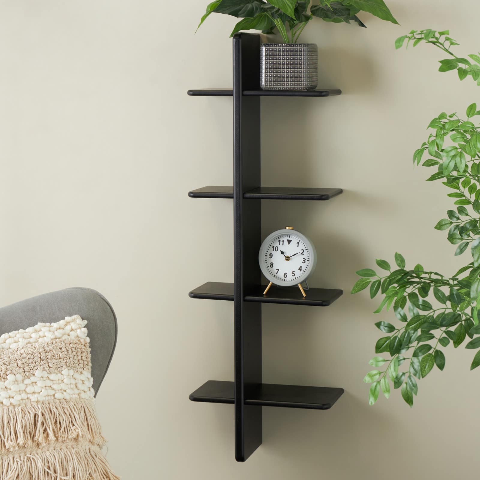 15" x 44" Shelf Black Wood Handmade Wall Hanging Shelf