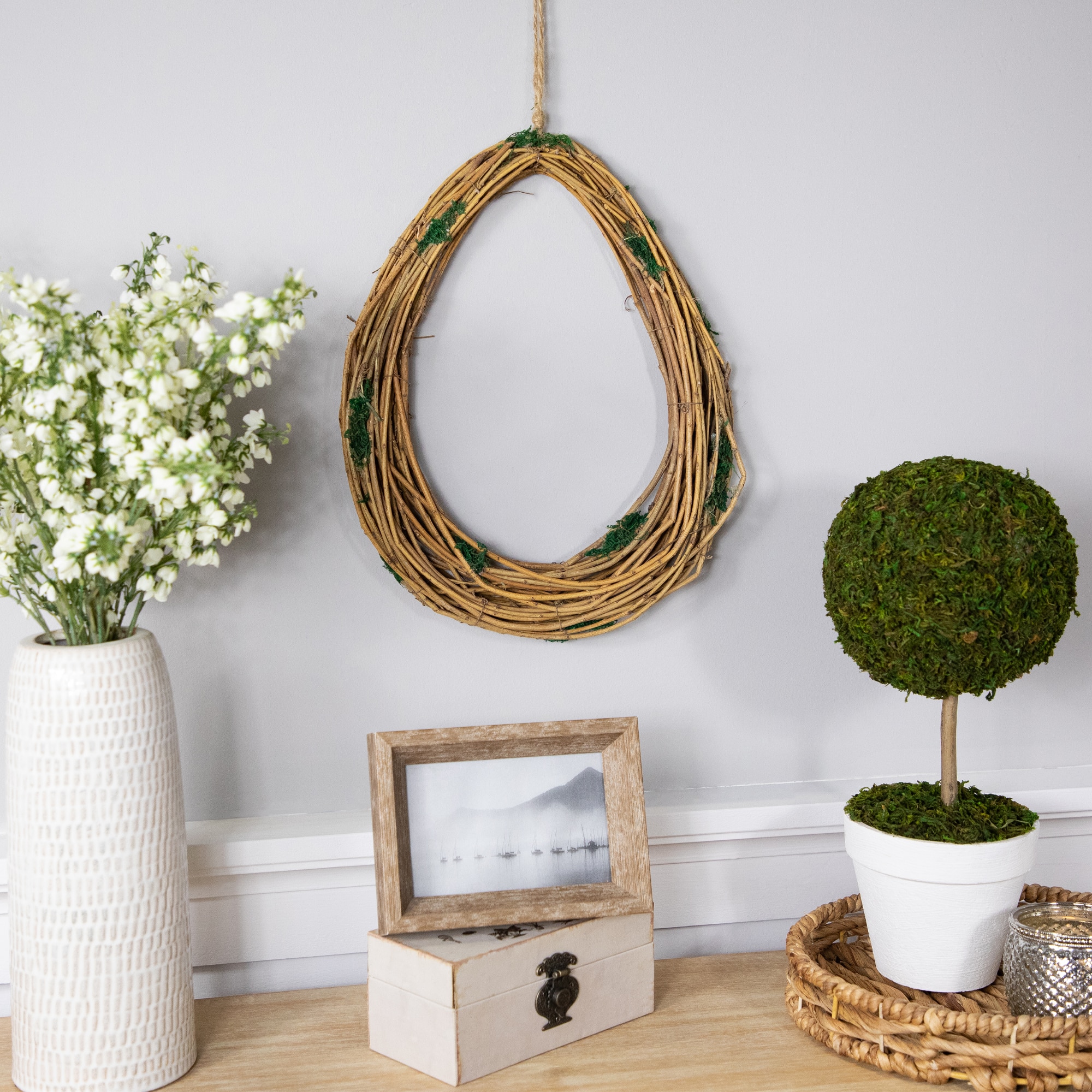 15.5&#x22; Unlit Natural Grapevine &#x26; Twig Oval Spring Wreath With Moss