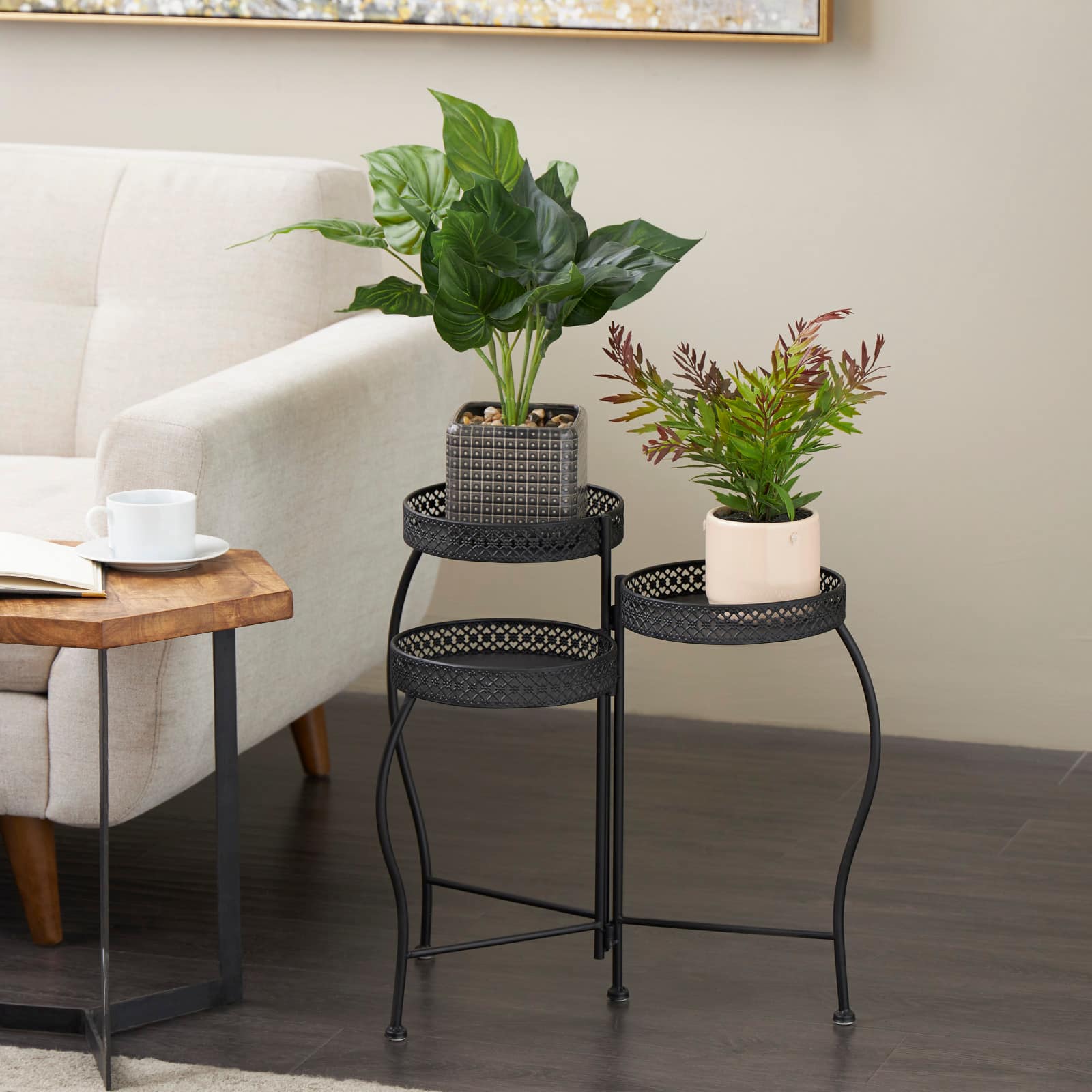 20" Metal Curved Folding 3-Tier Plant Stand with Floral & Scroll Patterns