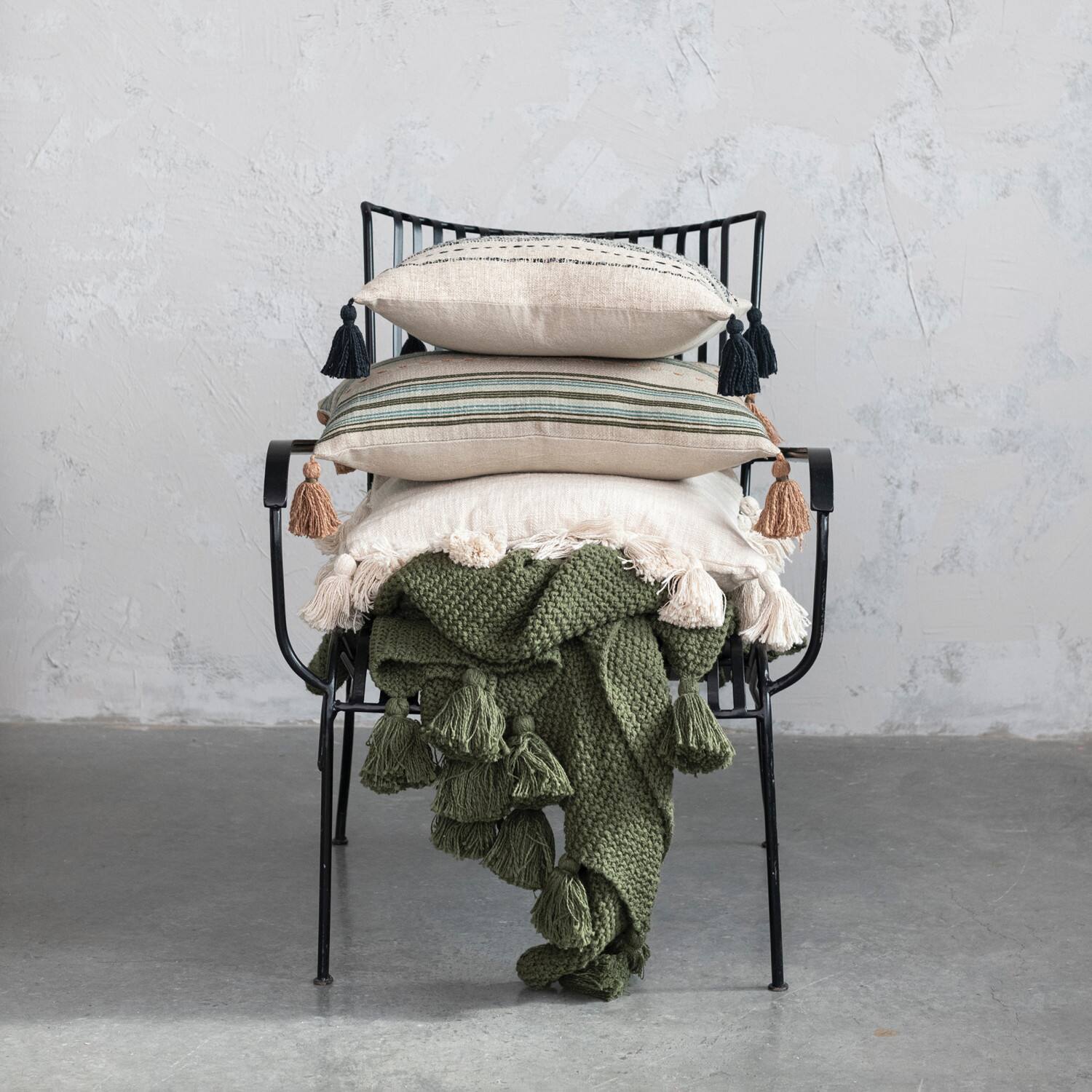 Hello Honey® Multicolor Hand-Embroidered Stripes Cotton Slub Lumbar Pillow with Tassels