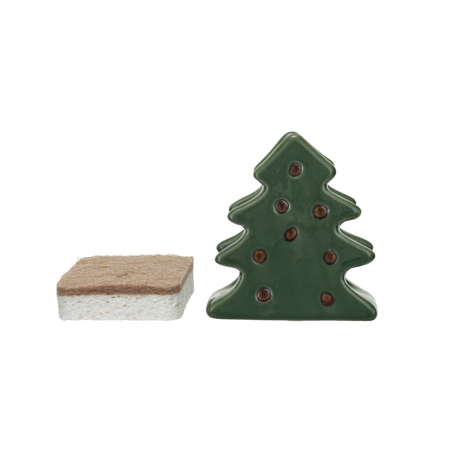 4&#x22; Green &#x26; Brown Stoneware Christmas Tree Shaped Sponge Holders with Sponge &#x26; Reactive Glaze, 2ct.