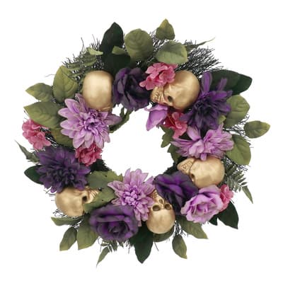 Purple Rose, Mum & Gold Skull Wreath