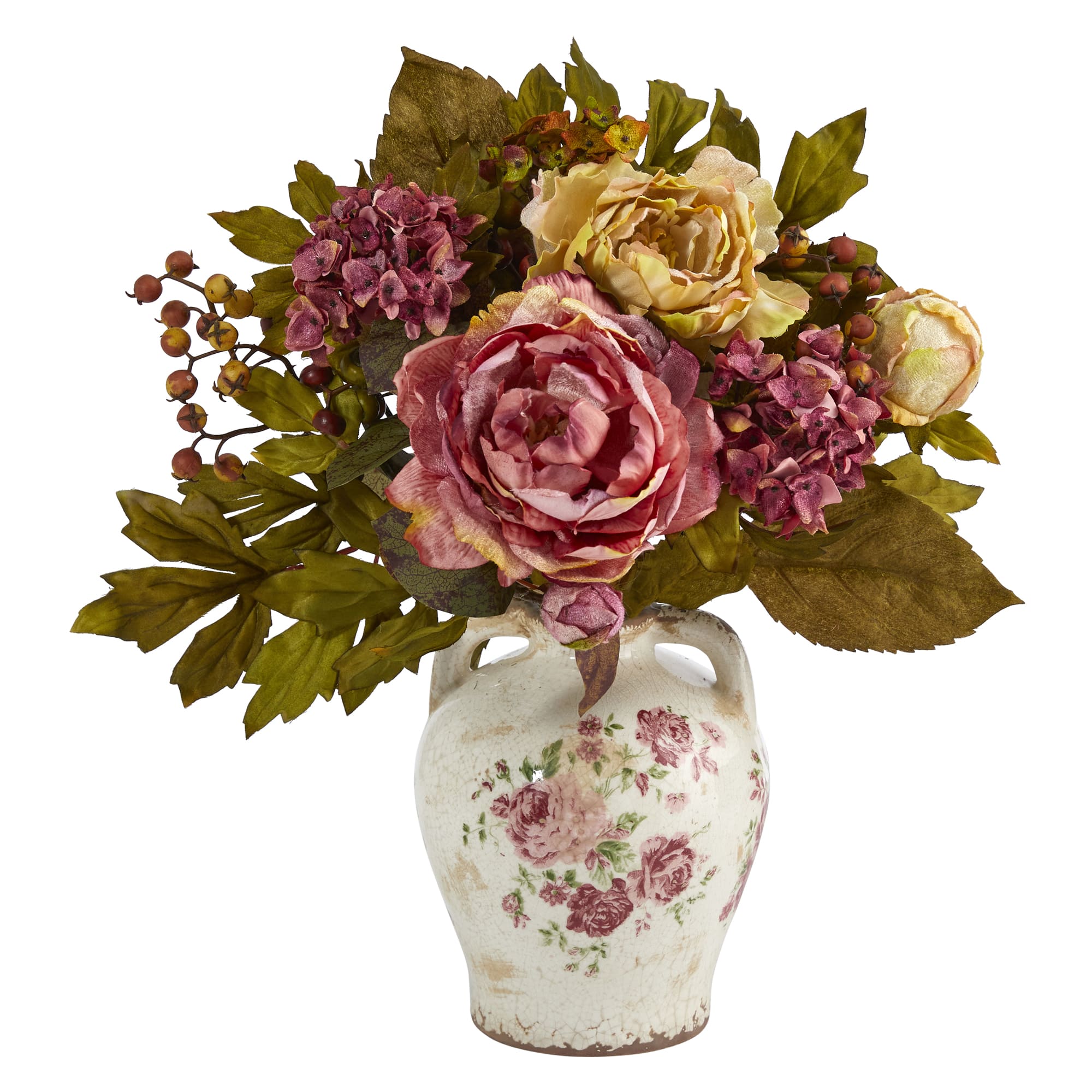 16&#x27;&#x27; Pink &#x26; Yellow Peony Arrangement in Flower Print Jar