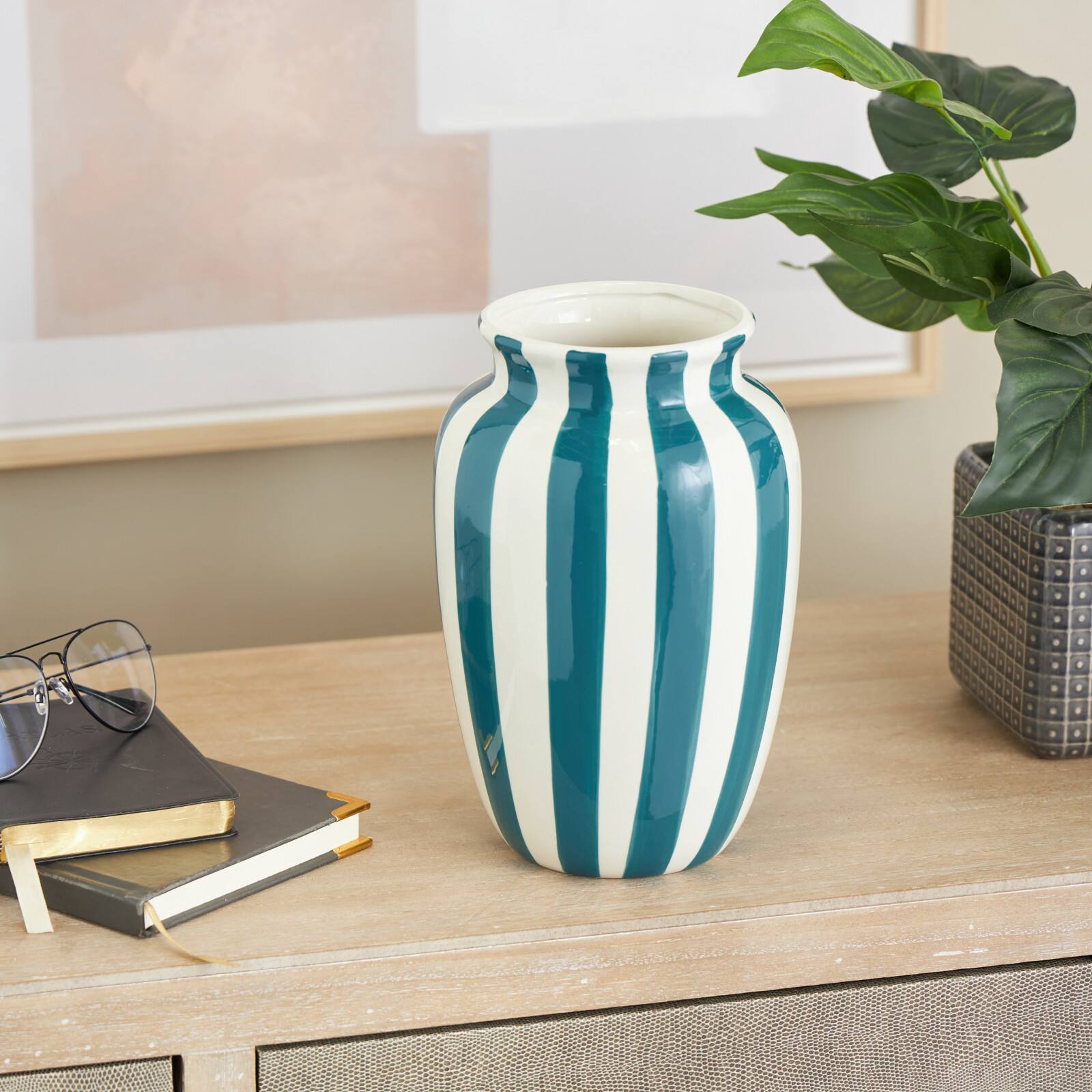 9.5" White & Teal Stripes Round Wide Ceramic Vase