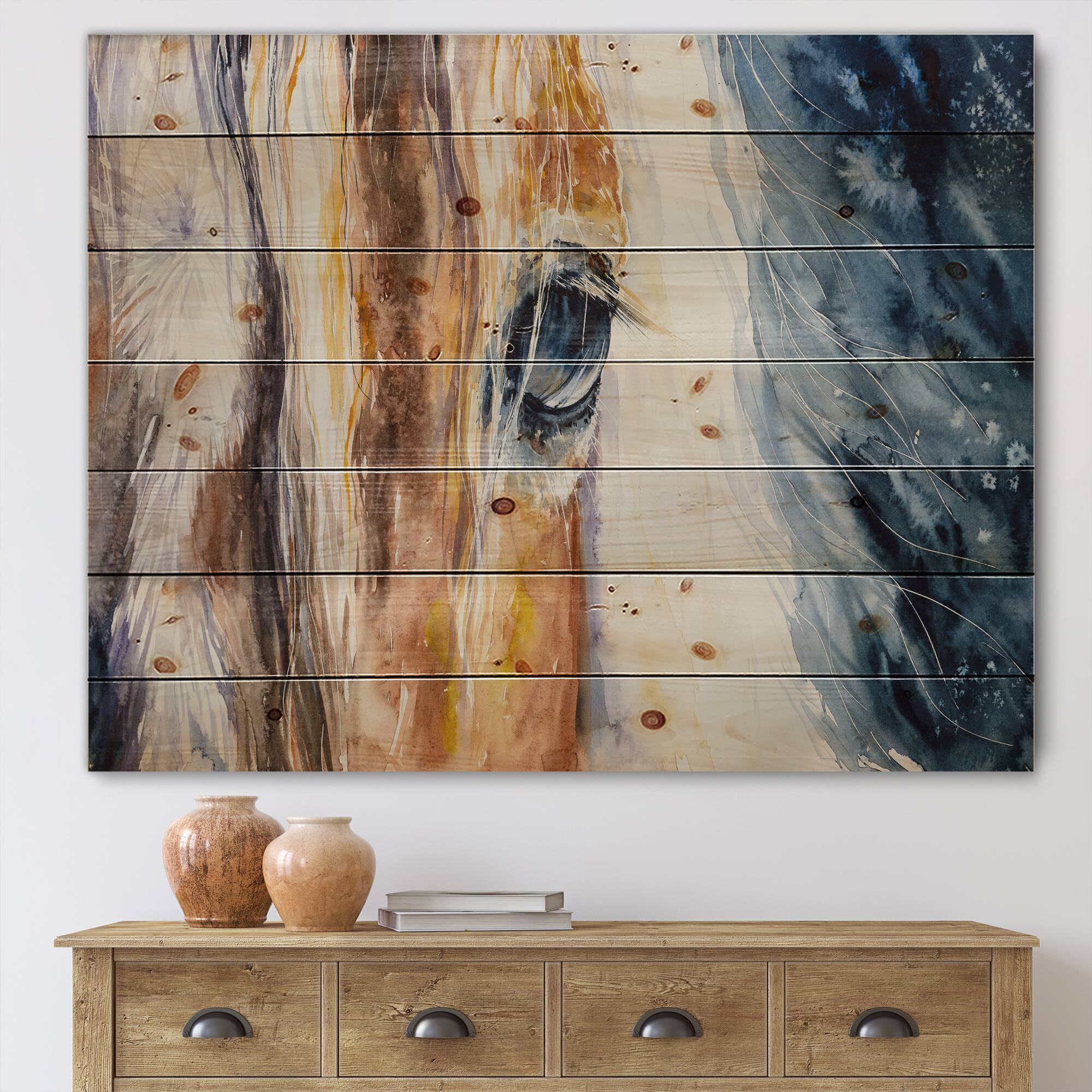 Designart - Close-Up of A Beautiful Horses Eye I - Farmhouse Print on Natural Pine Wood