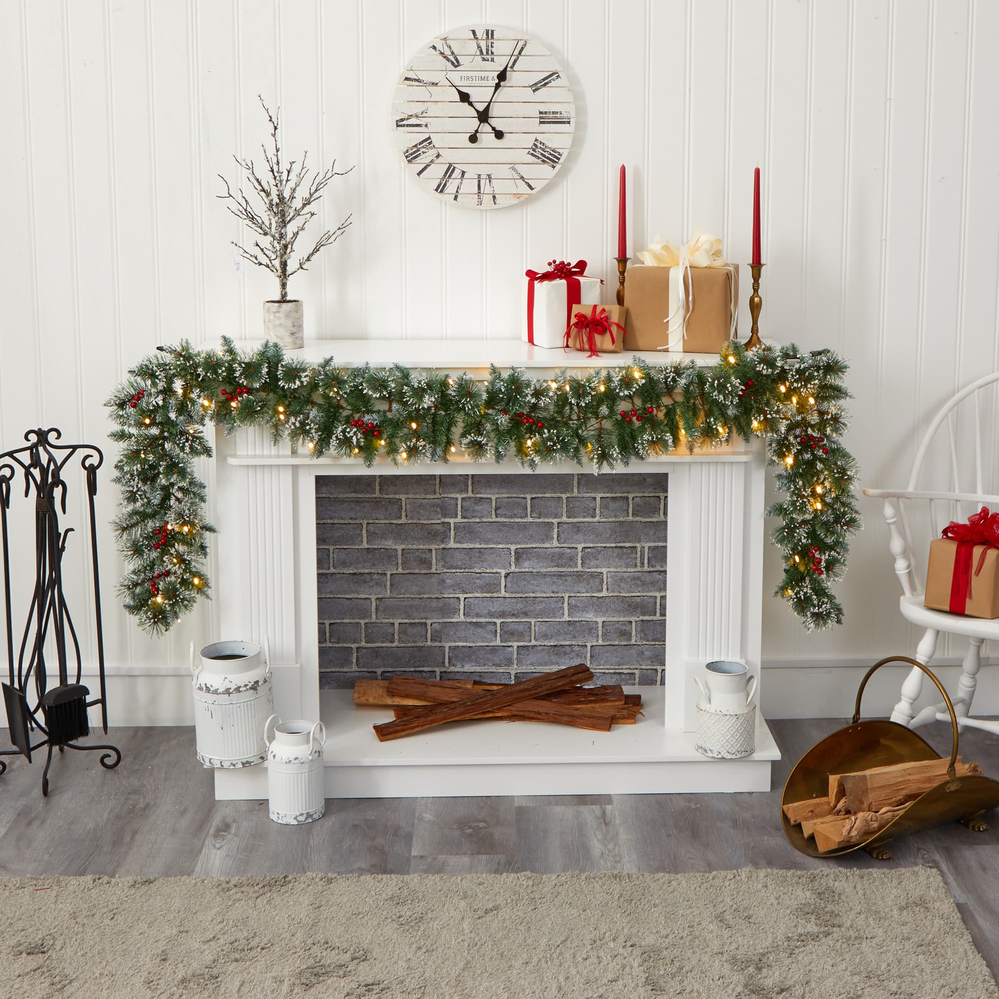 9ft. Pre-Lit Clear LED Frosted Swiss Pine &#x26; Berry Artificial Garland