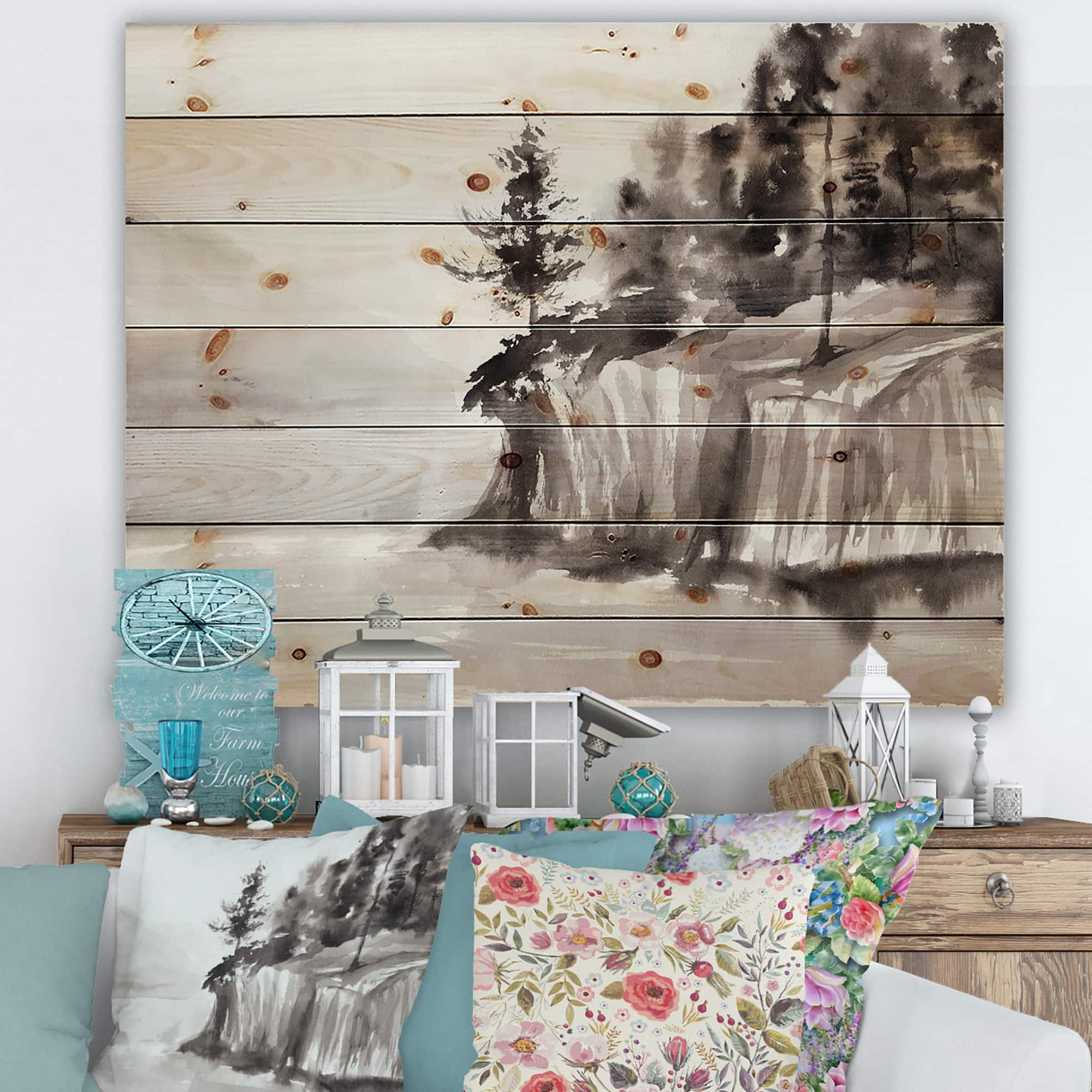 Designart - Monochrome Cliffs By The Lake - Nautical & Coastal Print on Natural Pine Wood