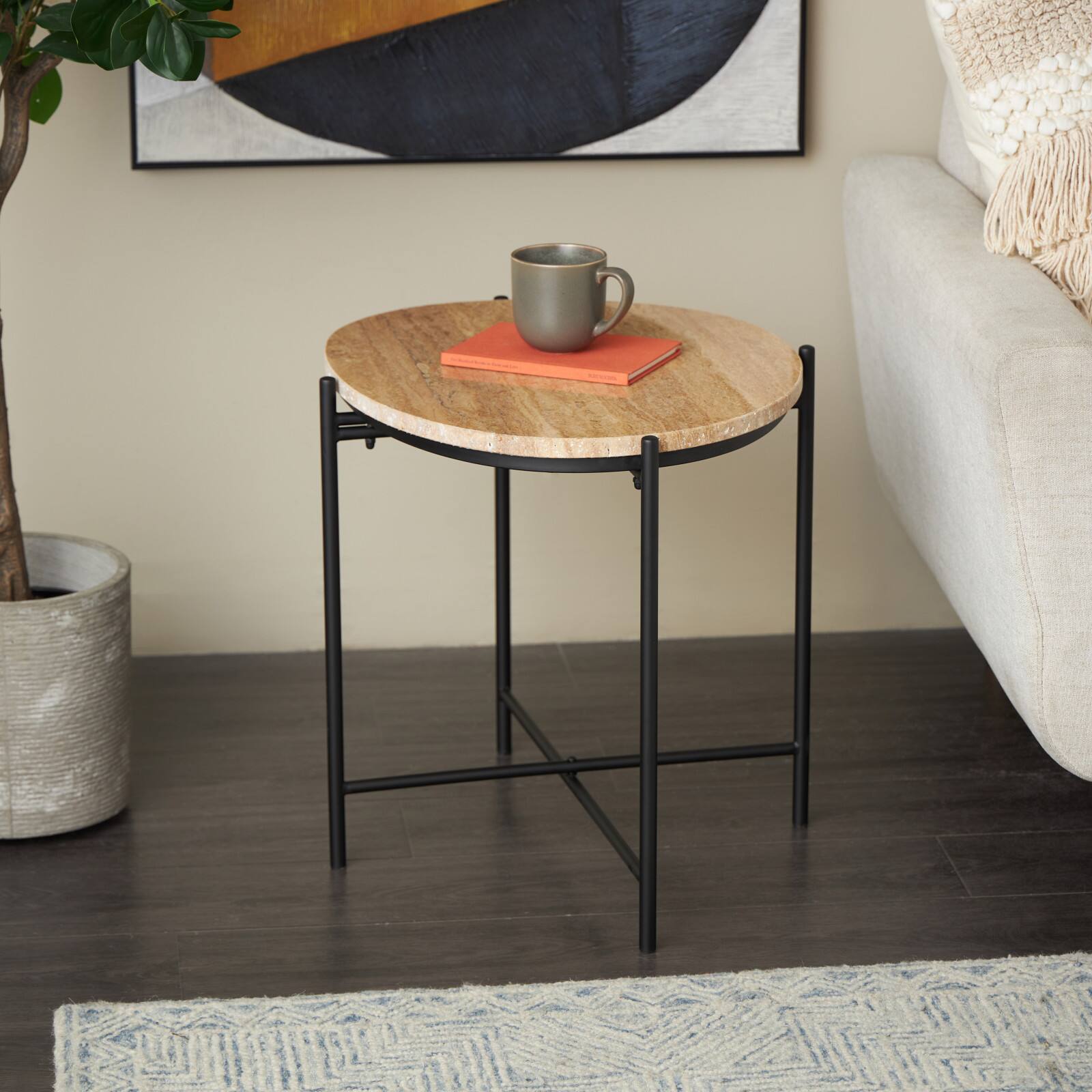 19.75" Beige Marble Accent Table with Black Metal Support