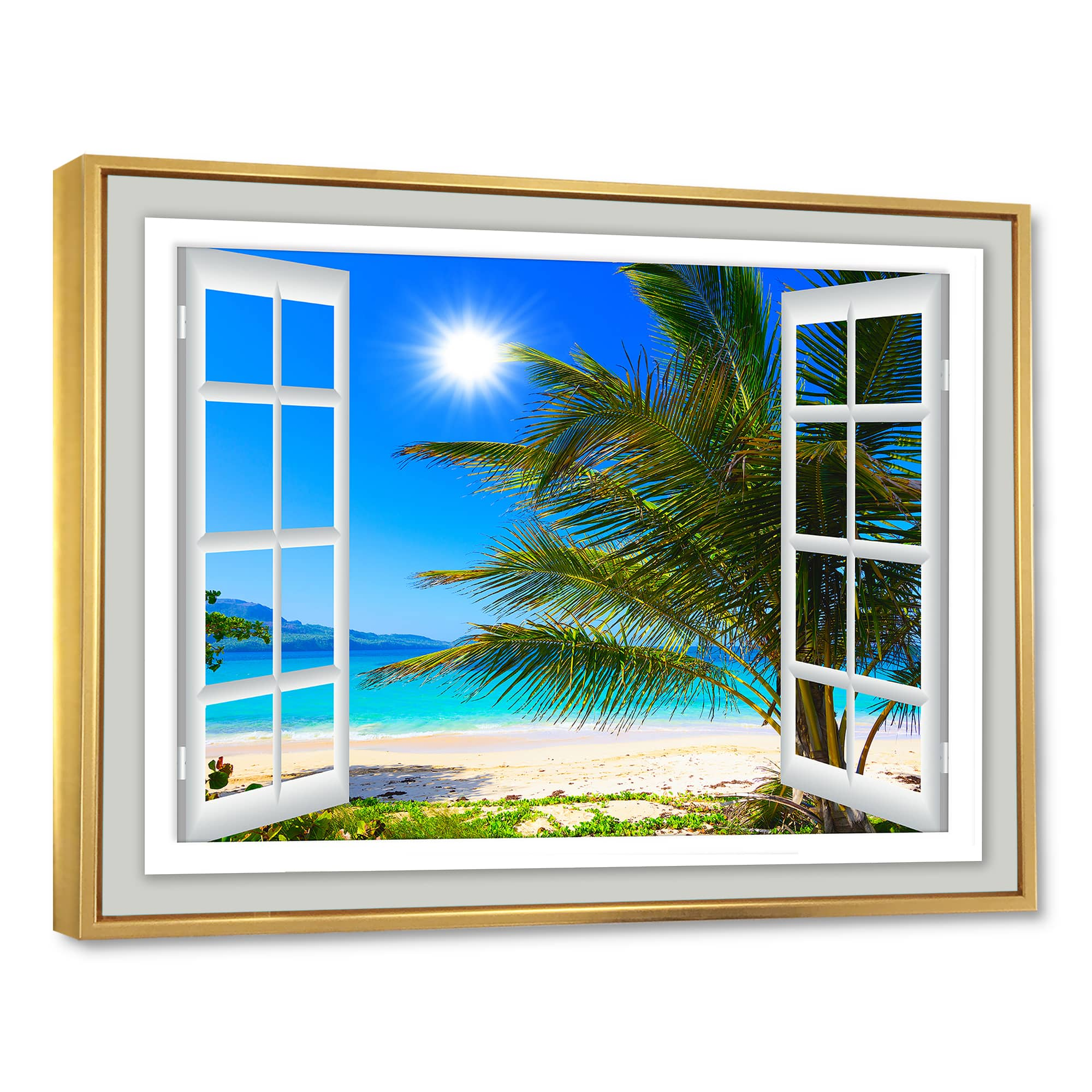 Designart 'Window Open to Beach with Palm' Extra Large Seashore Framed Canvas Art - 40 in. Wide x 30 in. High - Gold