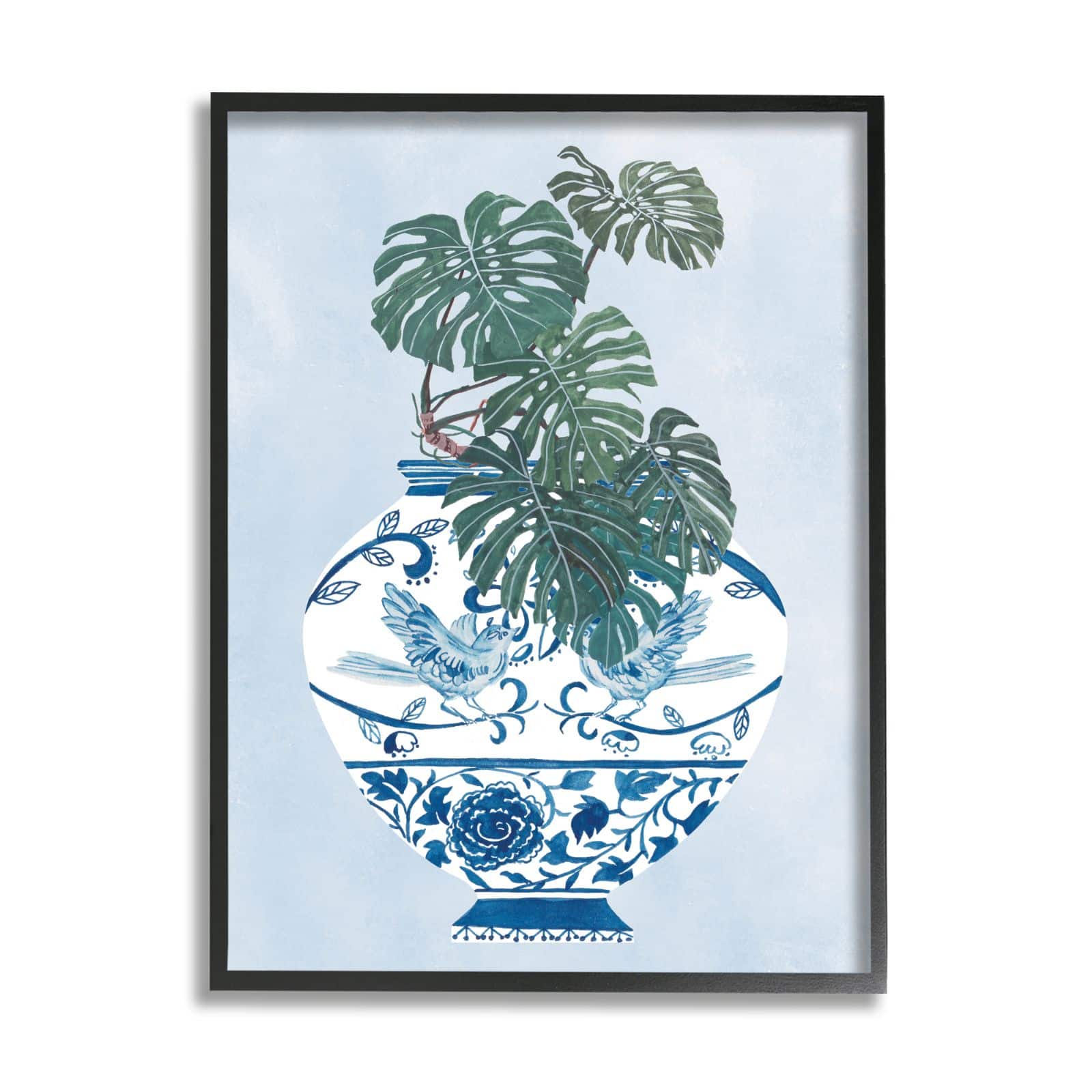 Stupell Industries Monstera Palm Plant Ornate Blue Bird Vase Scene Framed Wall Art