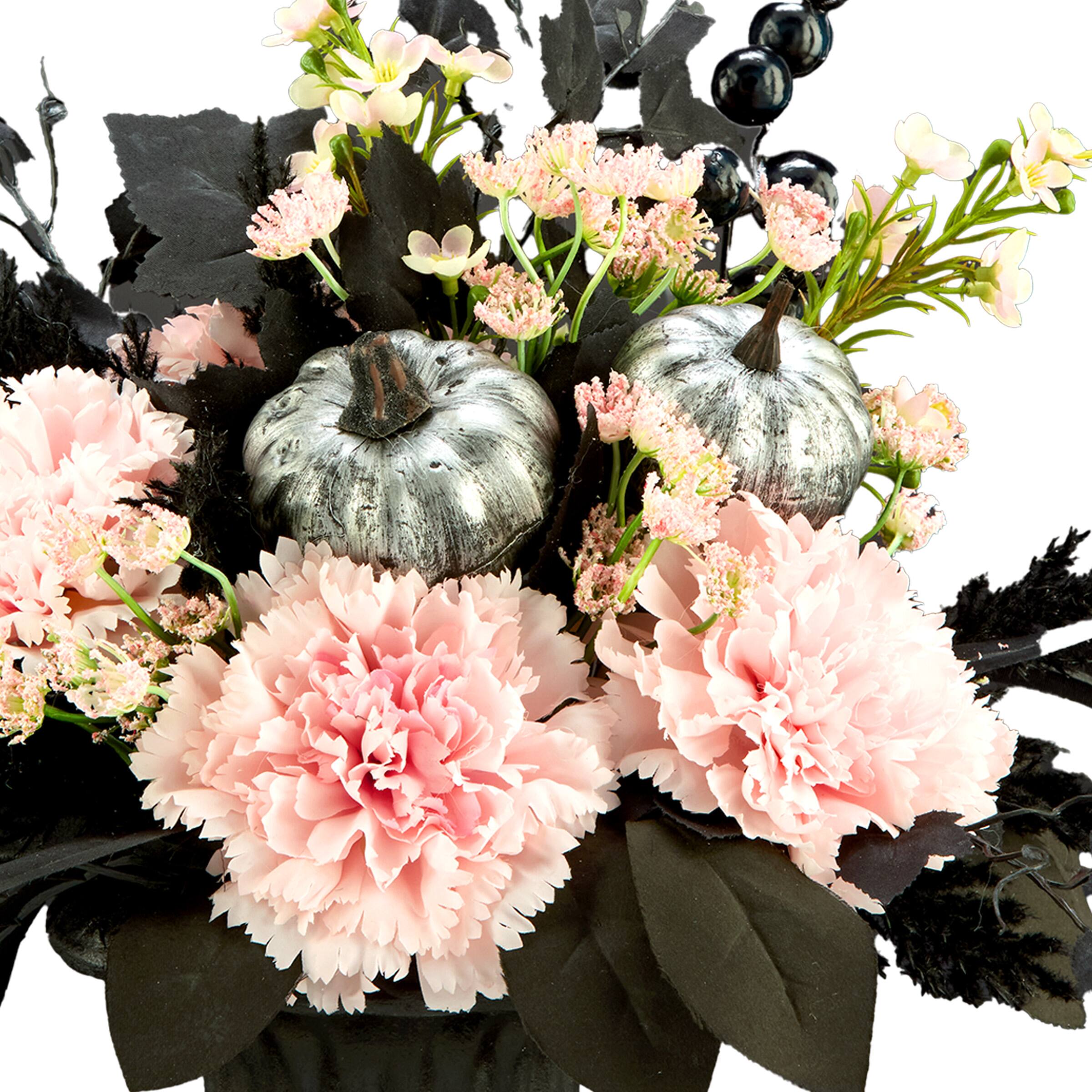 17&#x22; Pretty Morbid Pink Carnation Halloween Centerpiece in Black Urn