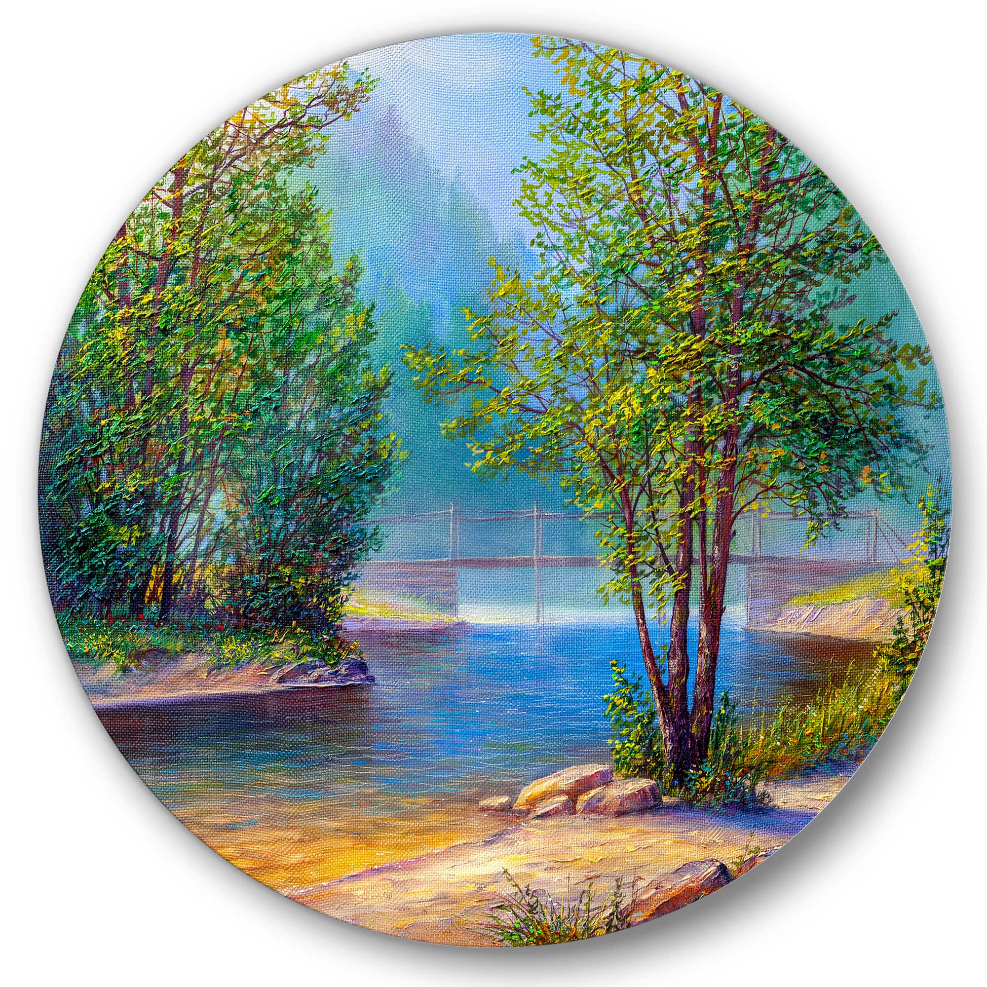 Designart - Green Trees By The Riverside - Traditional Metal Circle Wall Art