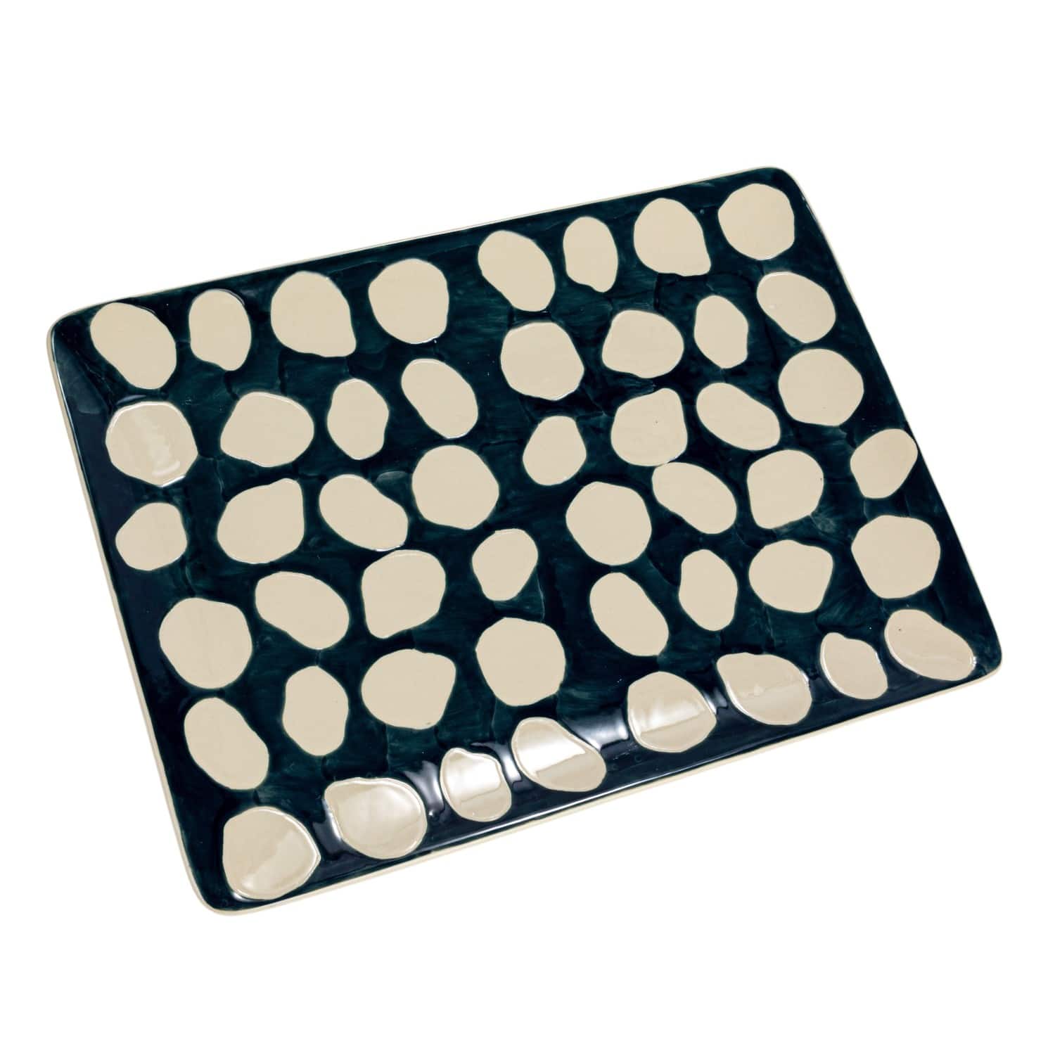 18&#x22; Blue &#x26; White Wax Relief Dots Stoneware Platter
