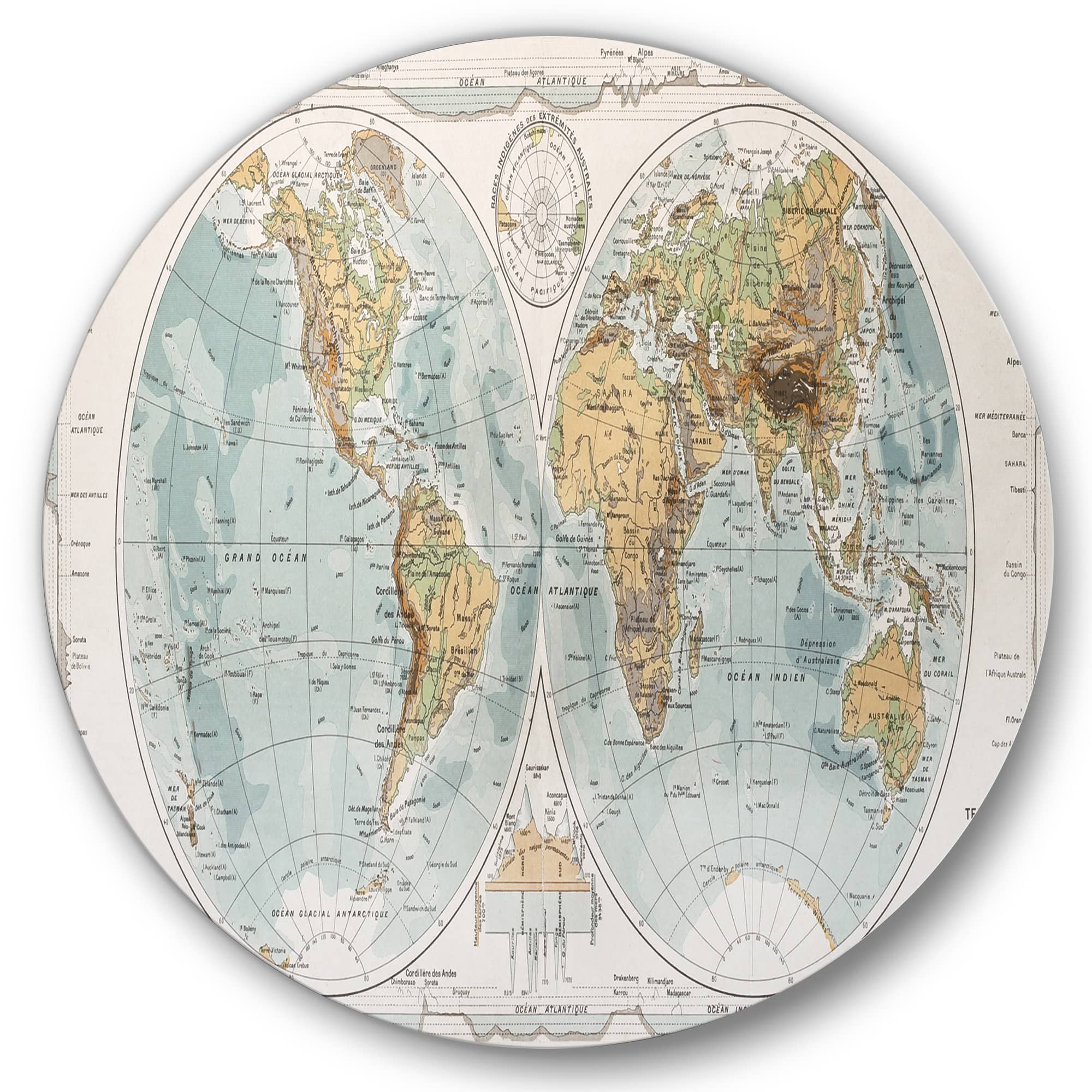 Designart - Ancient Map of The World II - Rustic Metal Circle Wall Art