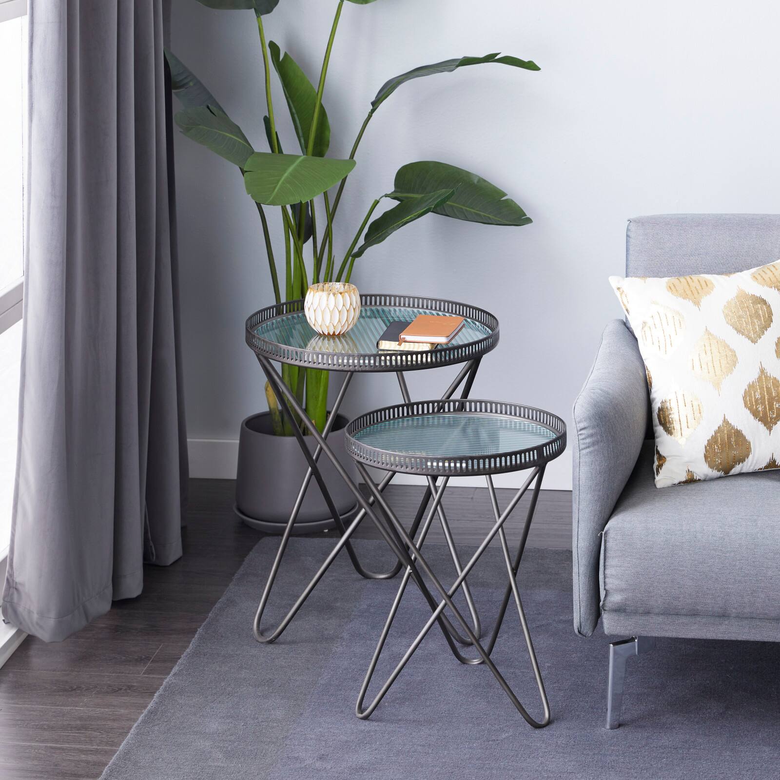 Gray Round Metal Industrial Accent Table Set