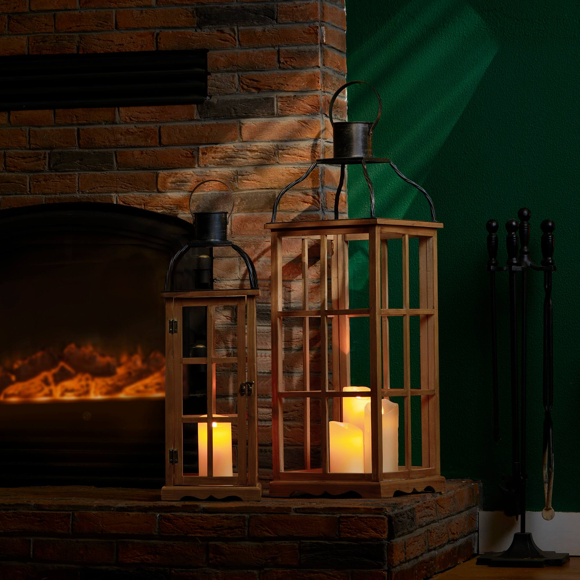 Glitzhome&#xAE; Oversized Natural Farmhouse Wood &#x26; Metal Lanterns Set