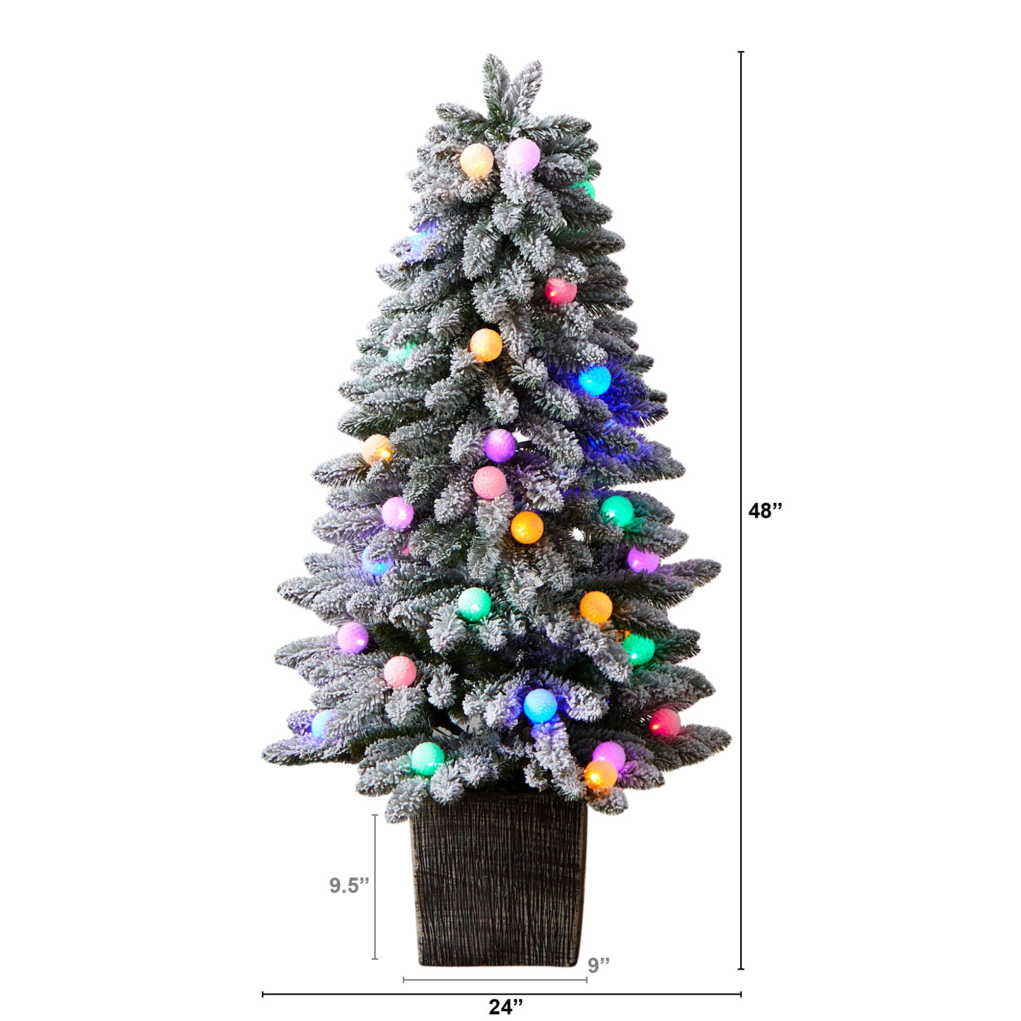 4ft. Pre-Lit Winter Flocked Artificial Christmas Tree in Decorative Planter, Multicolor LED Lights